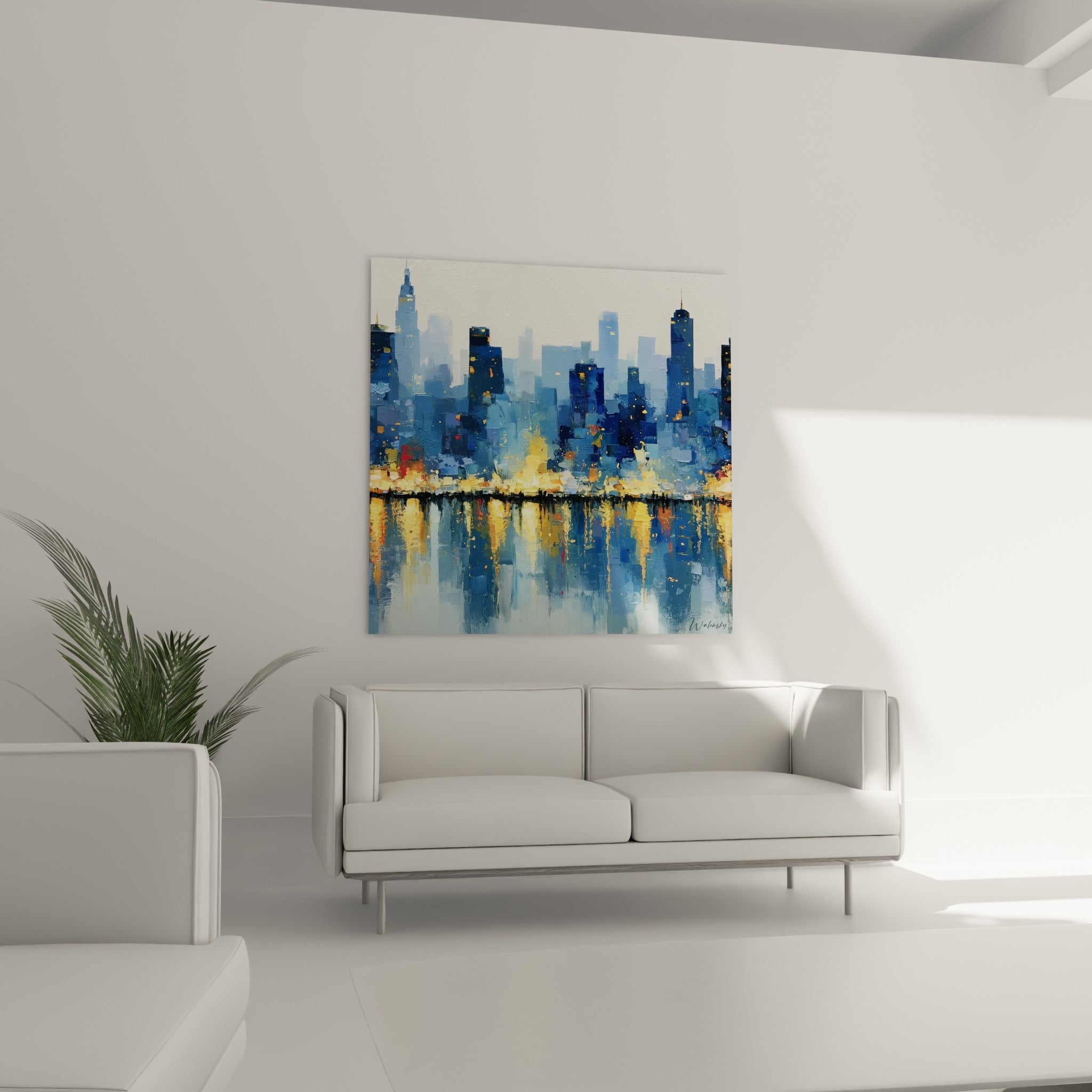 Ville nocturne bleu anthracite et touches jaunes vibrantes, au-dessus d'un canapé dans un salon lumineux