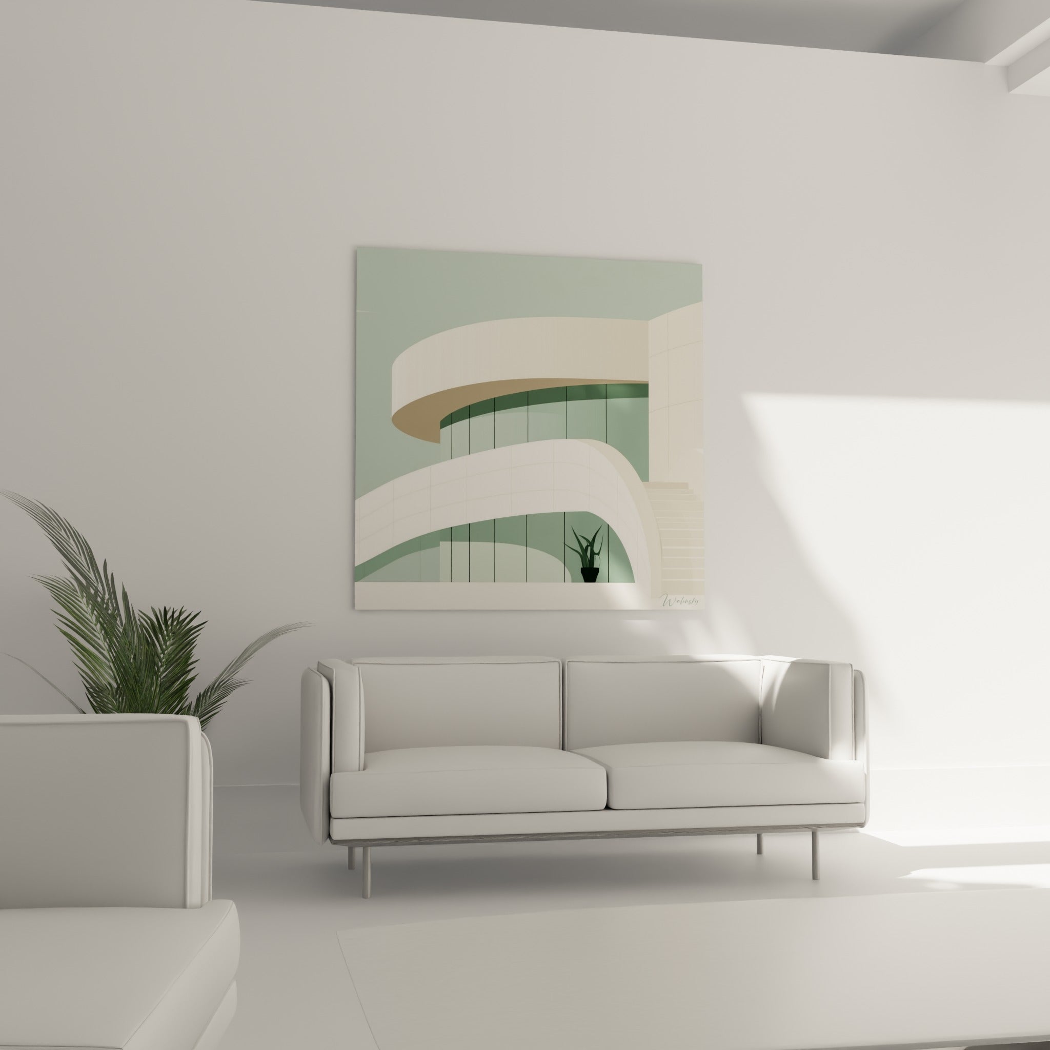 Structure ondulée beige et vert sauge avec escalier latéral, au-dessus d'un canapé dans un salon lumineux