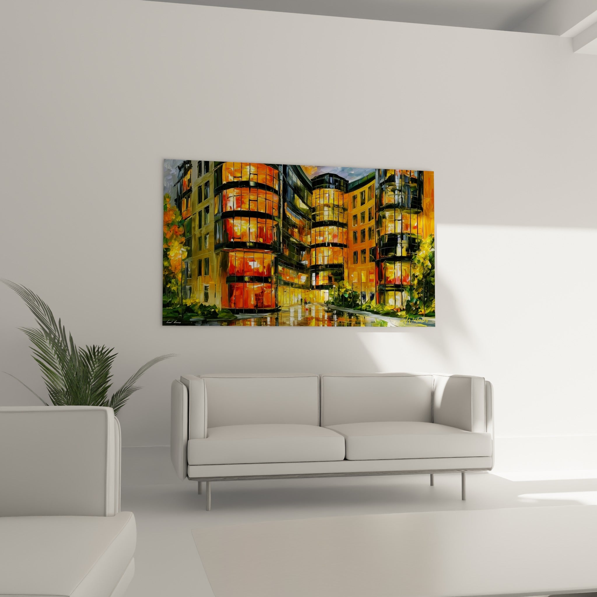 Immeuble incandescent aux teintes dorées et vert olive de ce tableau architecture abstrait, au-dessus d'un canapé dans un salon lumineux