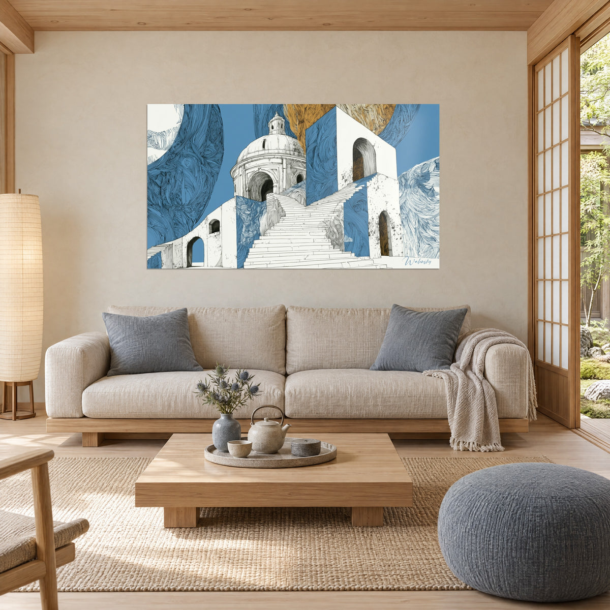 Tableau escalier blanc montant vers un dôme, voiles bleu cobalt et ocre doré en tourbillons, au-dessus d'un canapé dans un salon lumineux