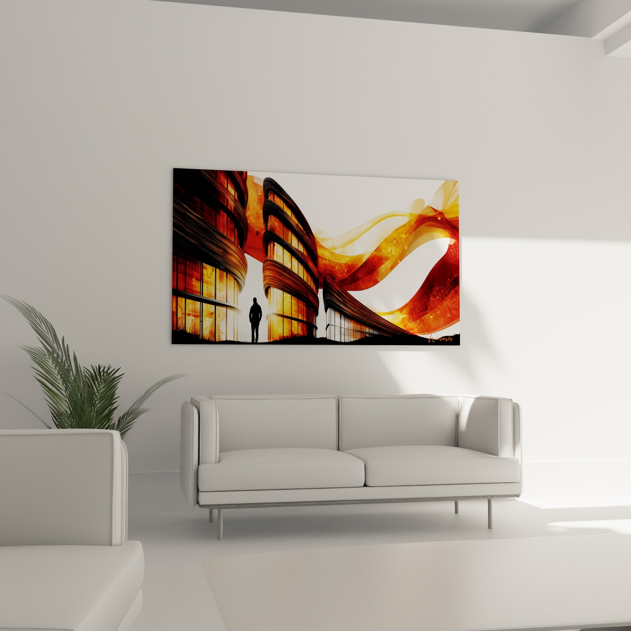 Façade incandescente orange et anthracite avec silhouette, tableau architecture abstrait au-dessus d'un canapé dans un salon lumineux
