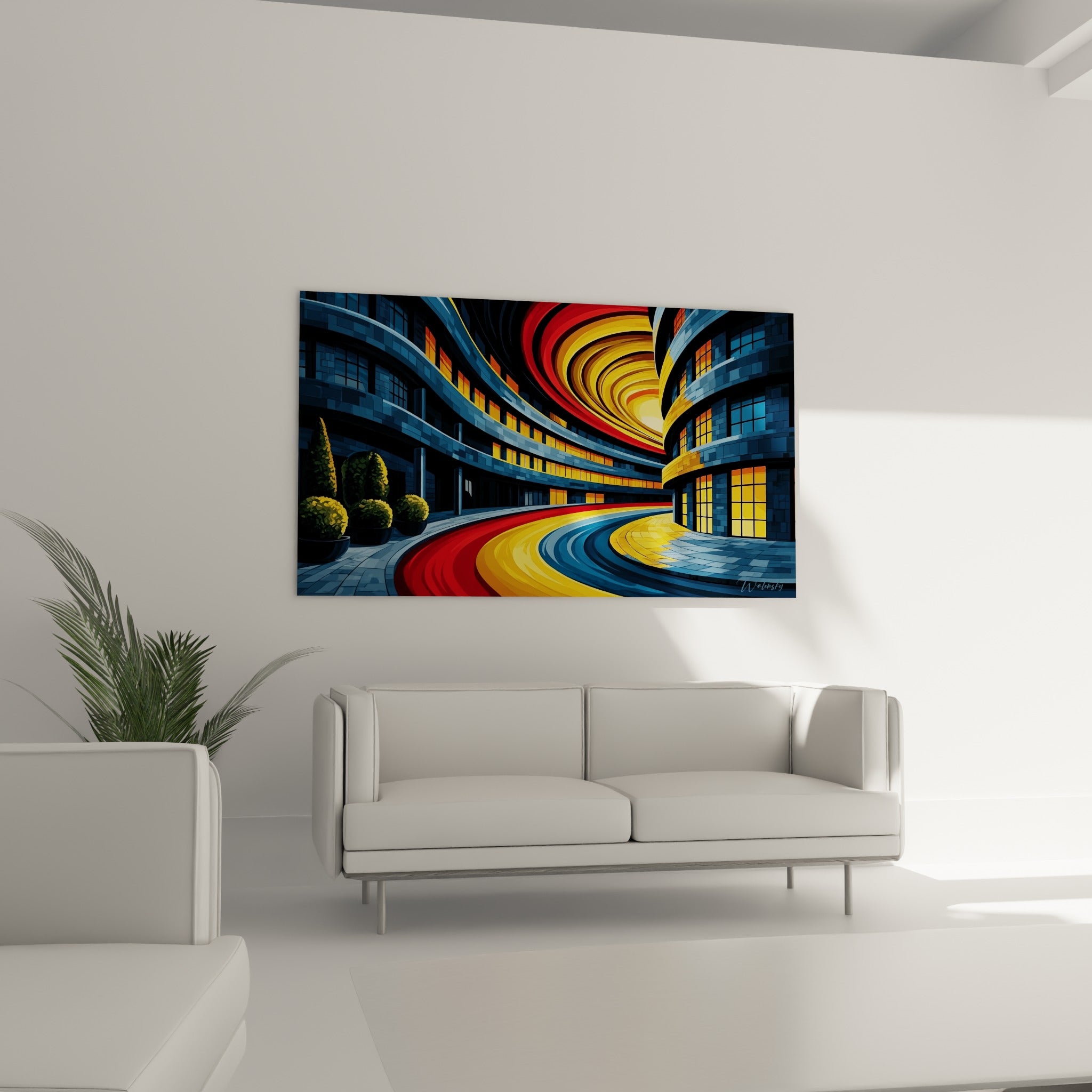 Spirale urbaine rouge et bleu anthracite au-dessus d'un canapé dans un salon lumineux