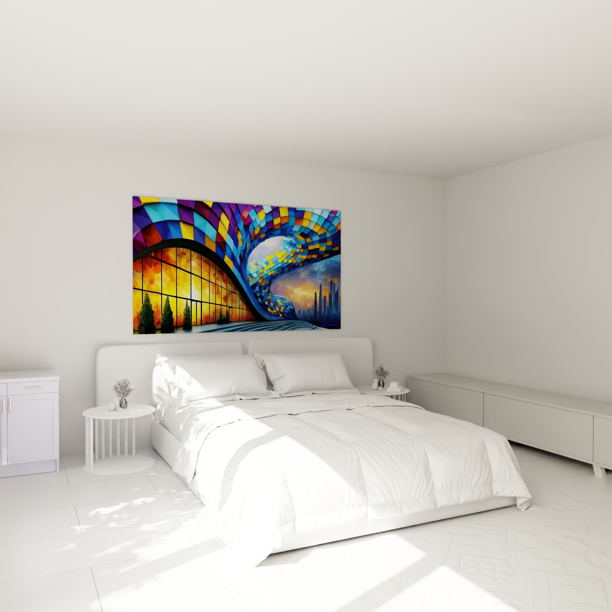 Voûte architecturale dorée et bleue en spirale, accrochée au-dessus d'un lit dans une chambre claire