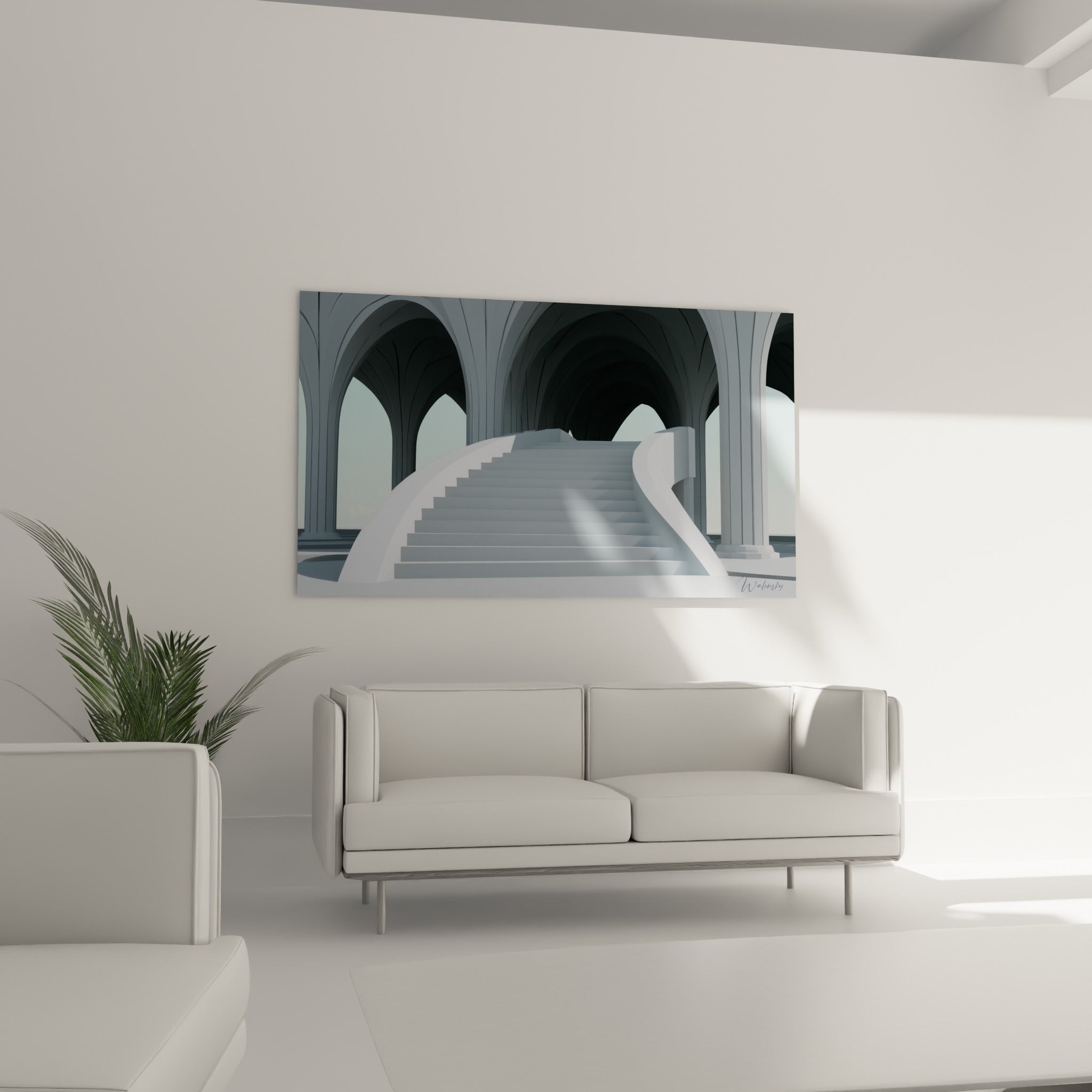 Voûtes ogivales anthracite et escalier blanc sculpté au-dessus d'un canapé dans un salon lumineux