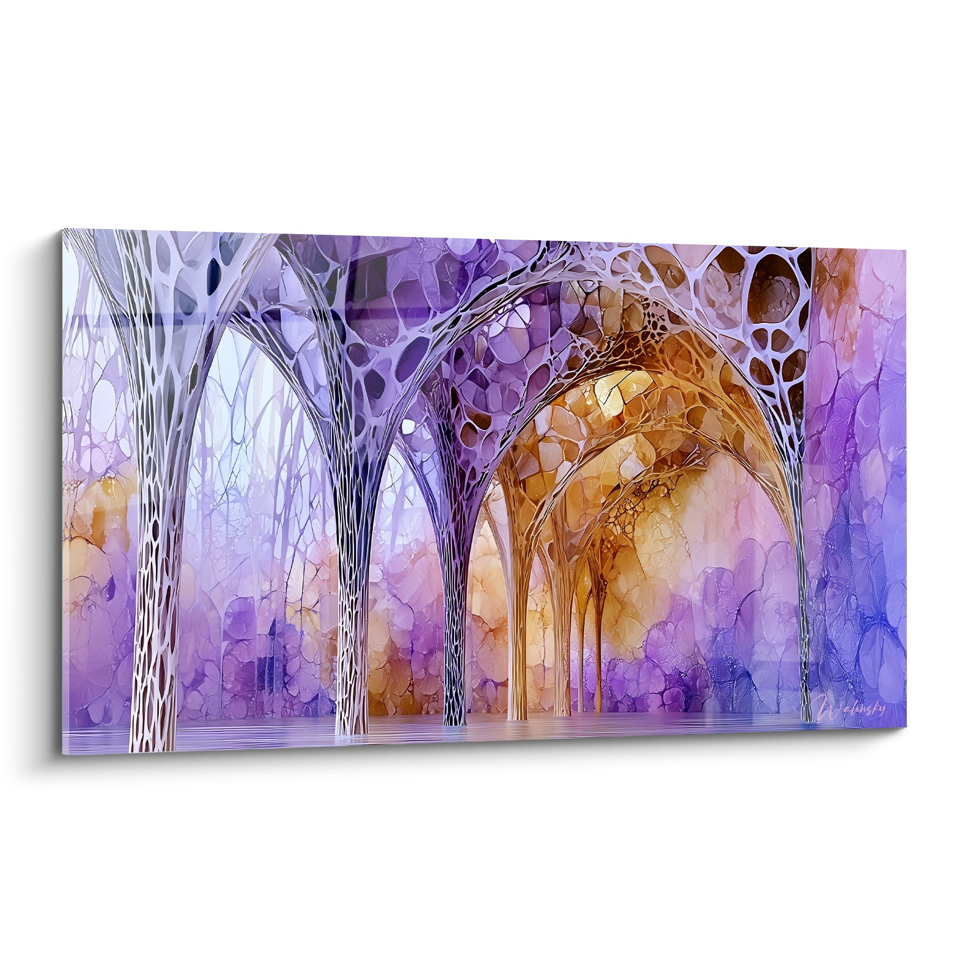 Voûtes gothiques organiques violettes et dorées, arches sculptées en perspective infinie