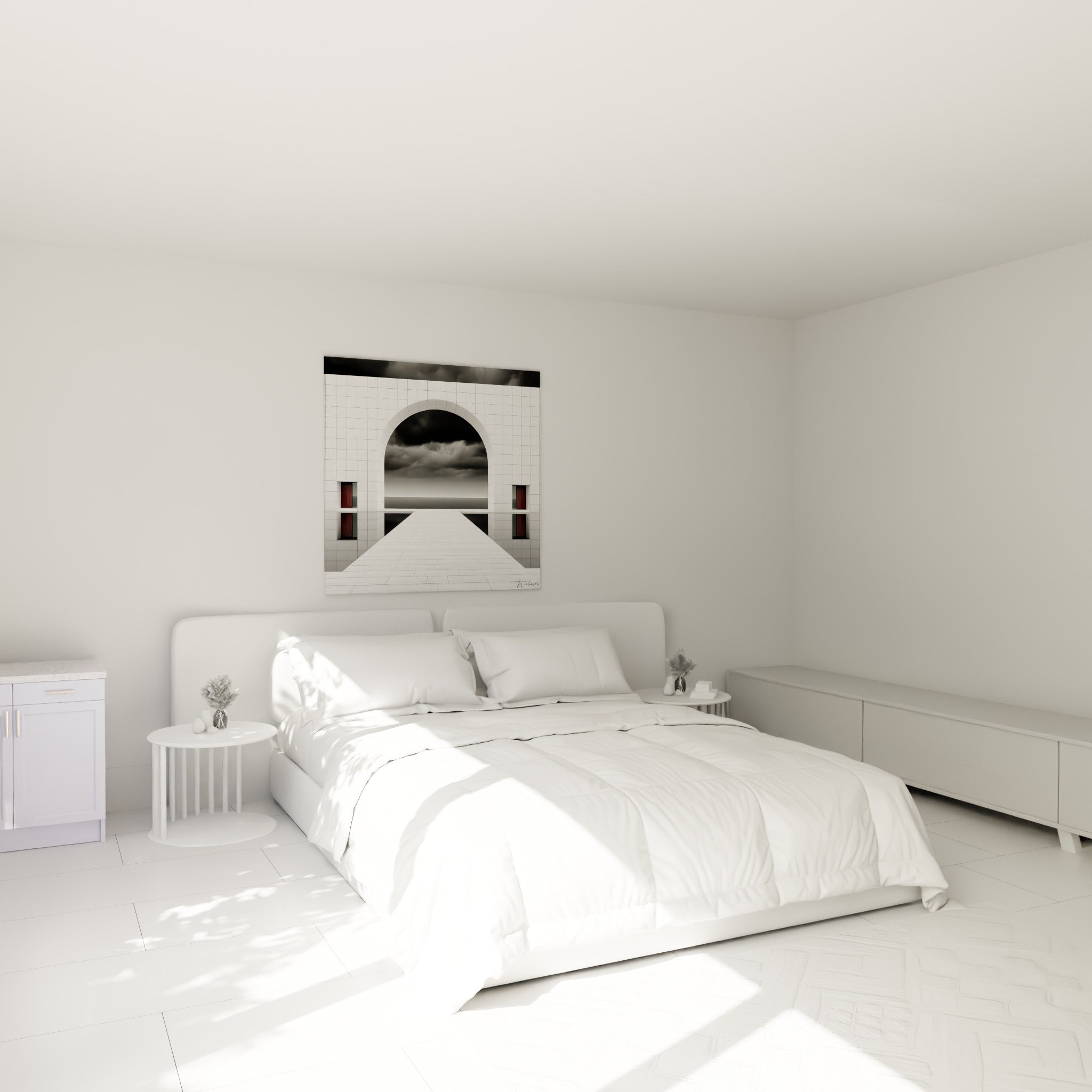 Passage blanc et ciel gris orageux, tableau architecture abstraite au-dessus d'un lit dans une chambre claire