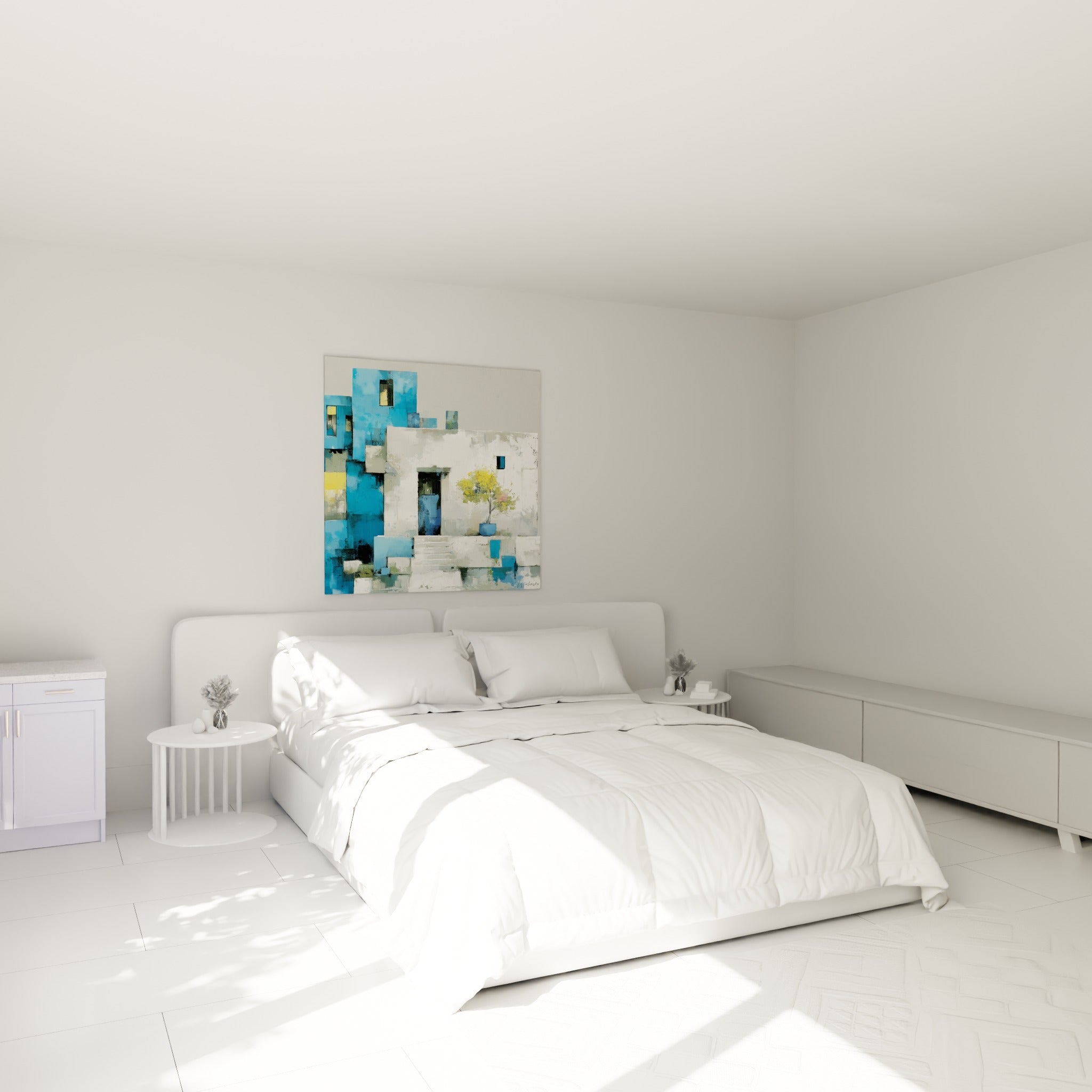 Façade blanche et bleu turquoise ornée d'un arbre jaune, accrochée au-dessus d'un lit dans une chambre claire