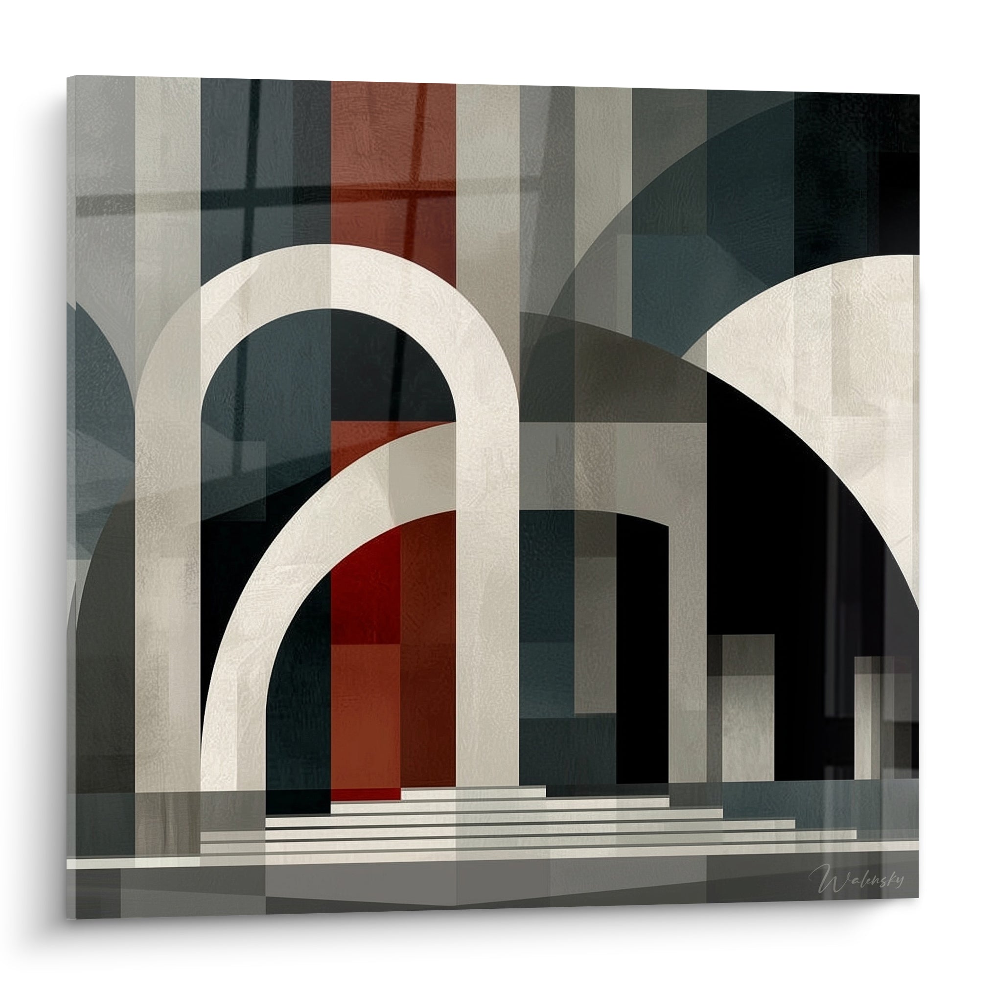 Arches ivoire encadrant une porte terracotta, motif architectural anthracite et bleu nuit