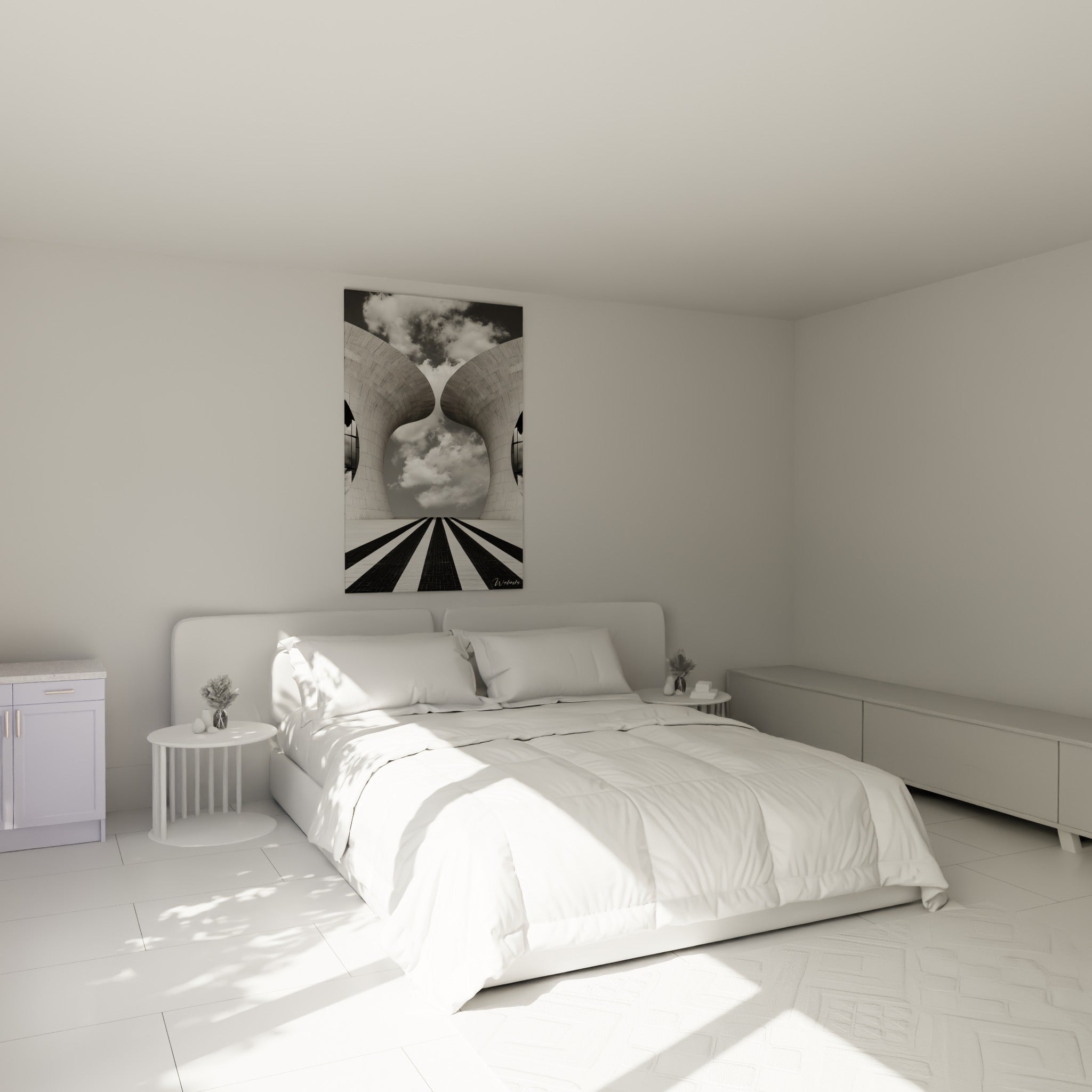 Structures architecturales blanches et sol rayé noir accrochées au-dessus d'un lit dans une chambre claire