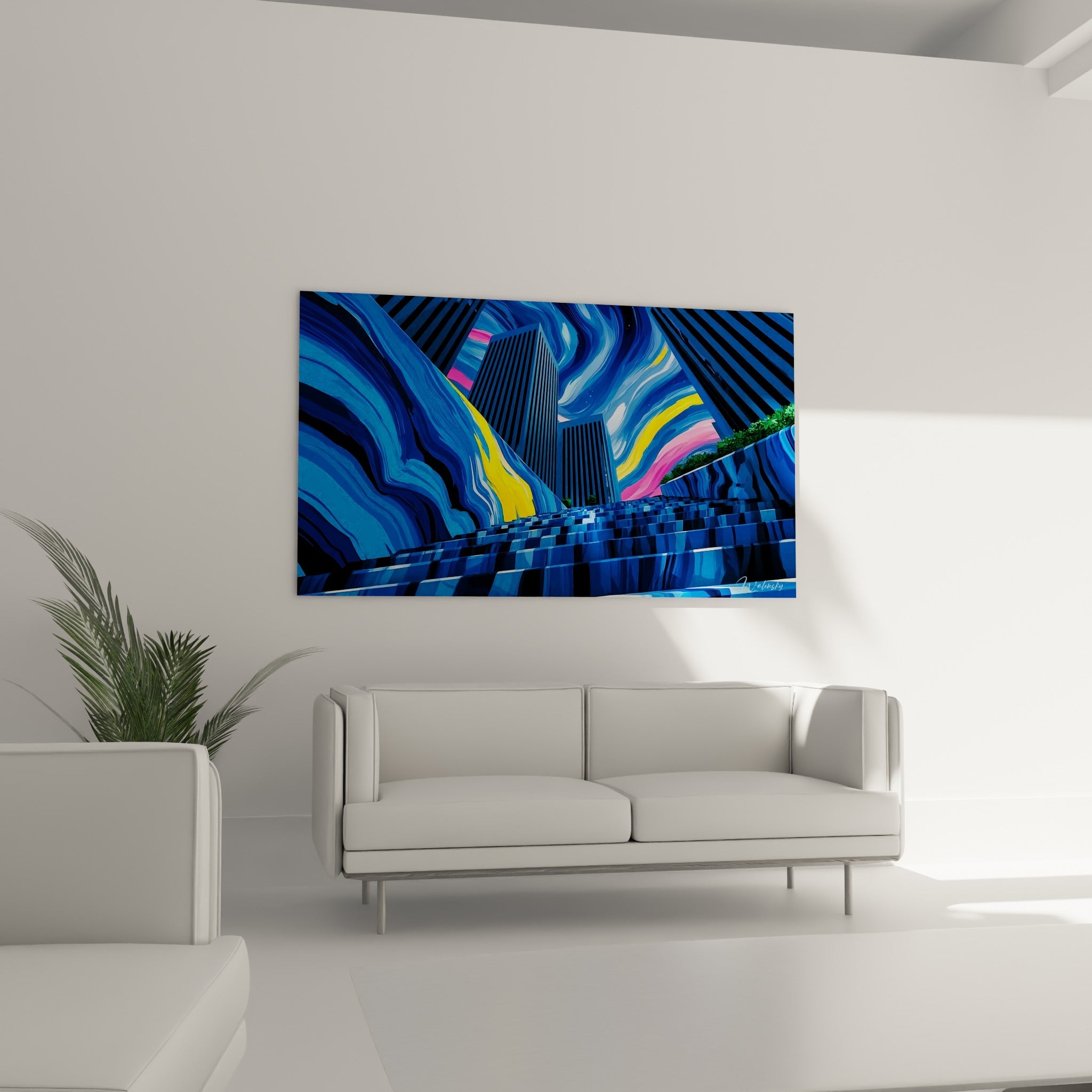 Composition tourbillonnante bleue et jaune de ce tableau architecture abstraite au-dessus d'un canapé dans un salon lumineux