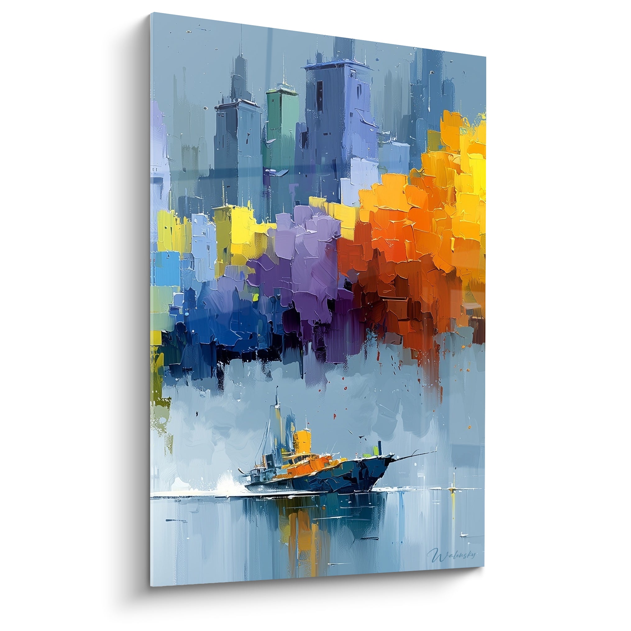 Bateau bleu marine voguant devant une skyline orange et violette, touches picturales empâtées