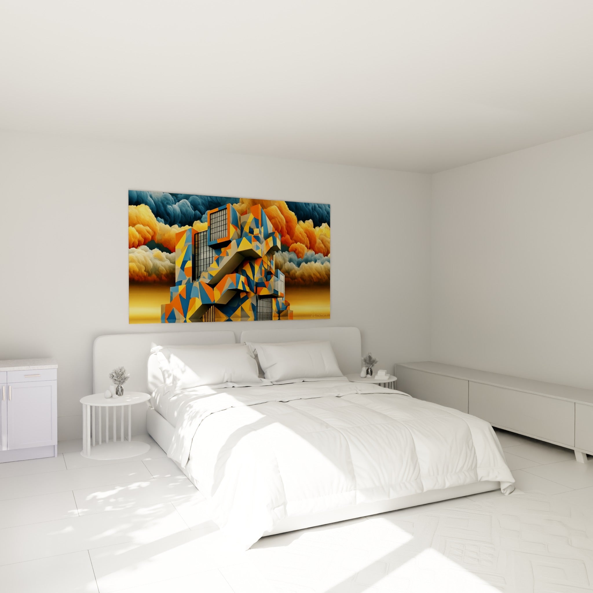 Structure cubique fragmentée en orange et bleu marine, tableau architecture abstraite au-dessus d'un lit dans une chambre claire
