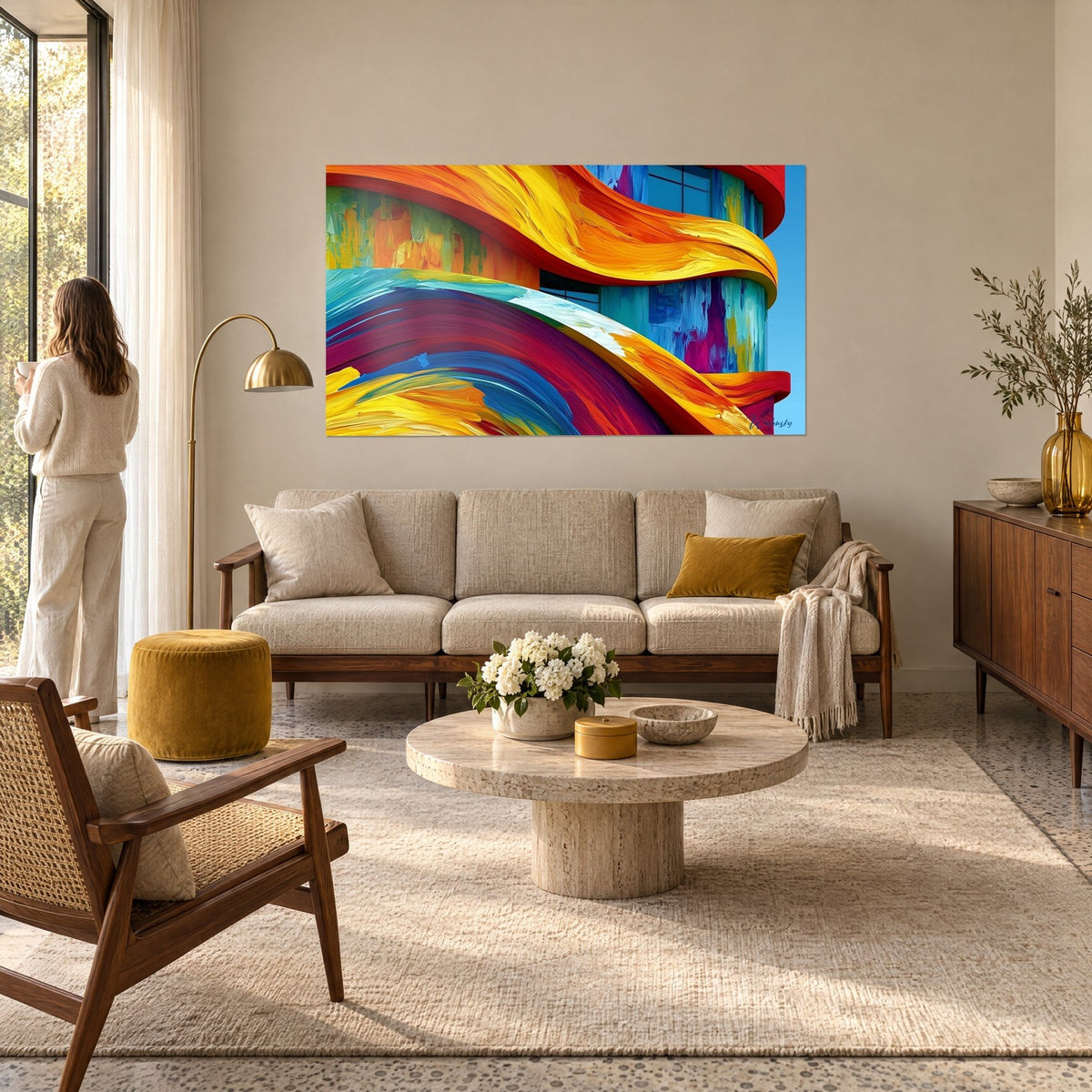 Tableau façade incurvée aux vagues jaune et pourpre, bleu turquoise, vue par une femme de dos au-dessus d'un canapé dans un salon lumineux