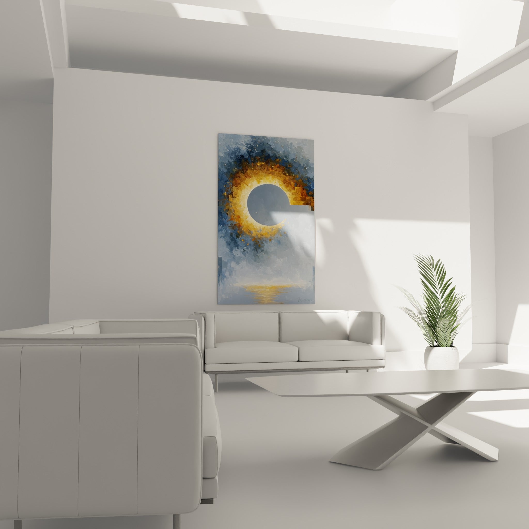 Cercle lumineux doré de cette architecture abstraite au-dessus d'un canapé dans un salon lumineux