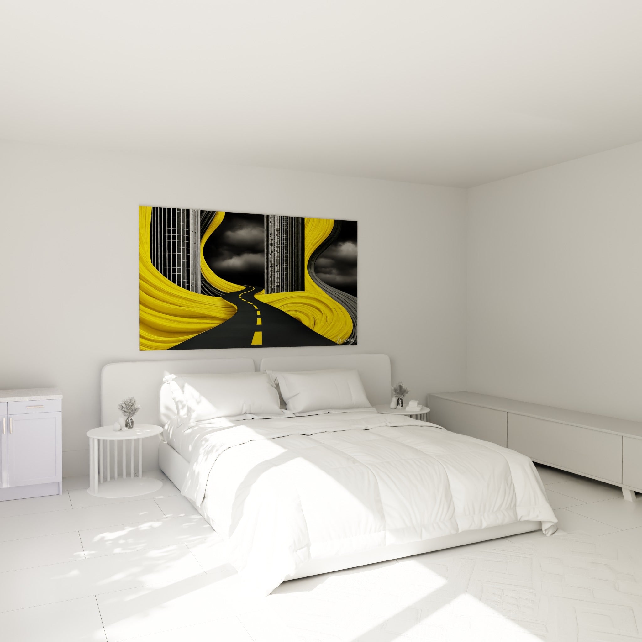 Chaussée dorée traversant des tours anthracite, tableau accroché au-dessus d'un lit dans une chambre claire