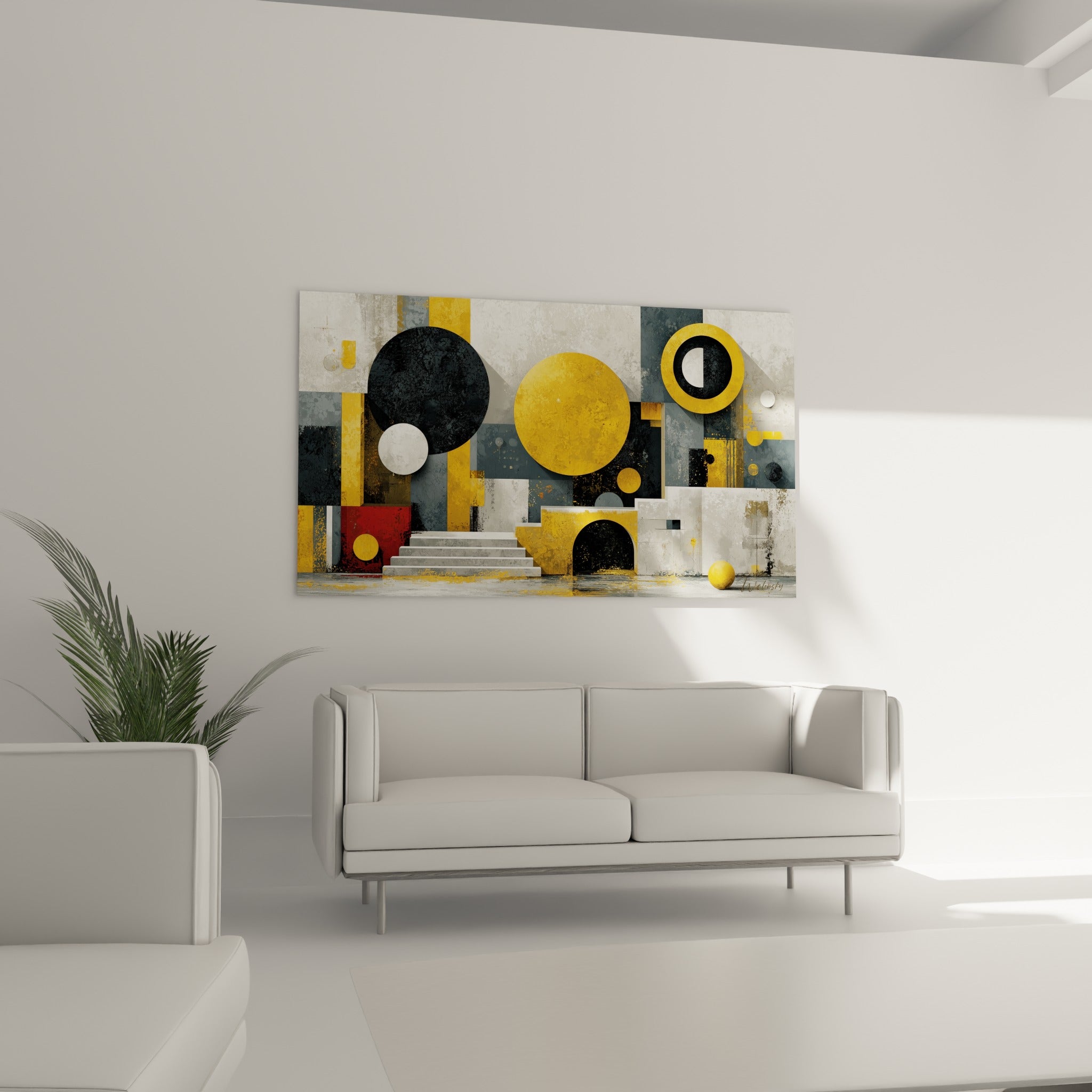 Composition cubiste dorée et anthracite d'un tableau architecture abstrait au-dessus d'un canapé dans un salon lumineux