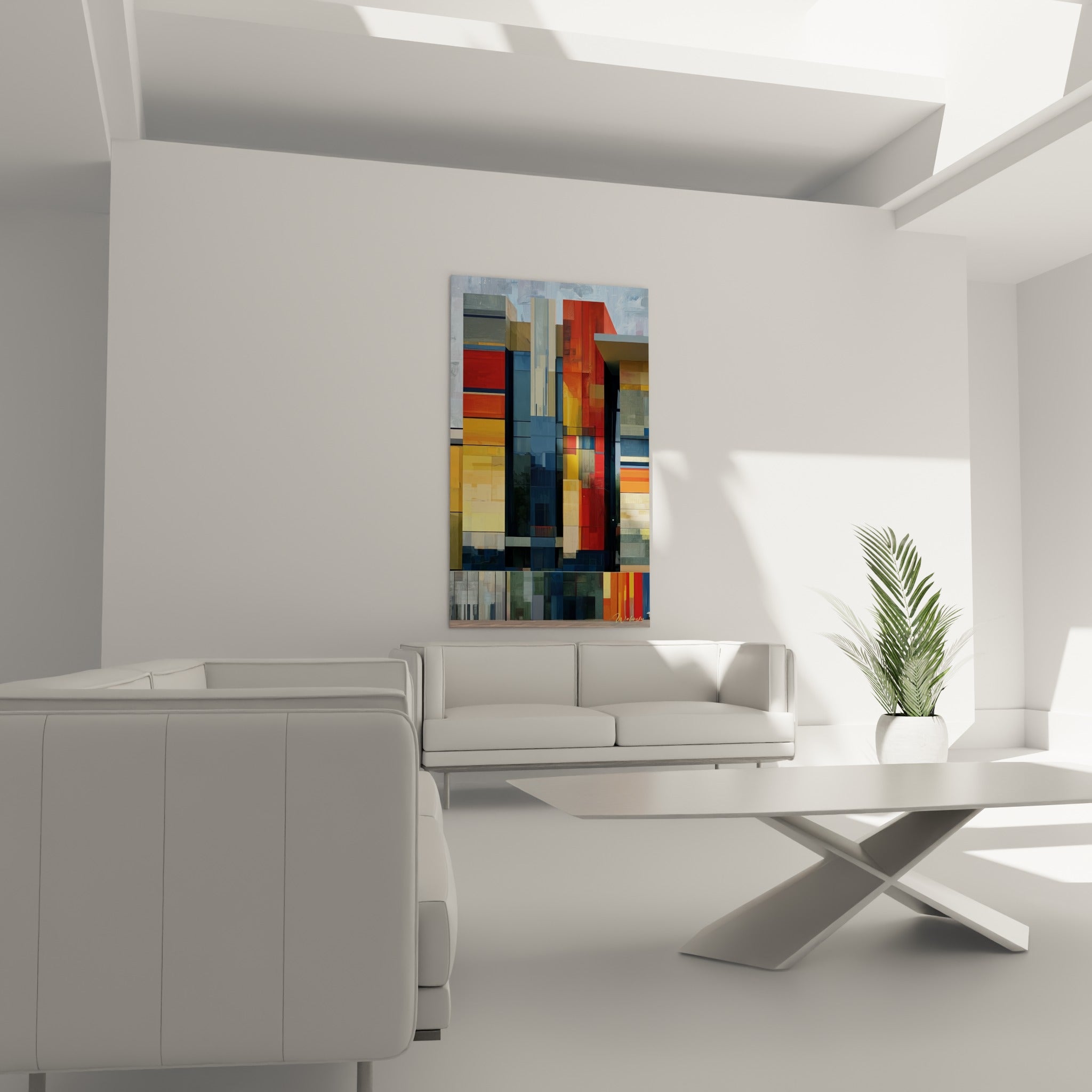 Composition urbaine ocre et bleu marine disposée au-dessus d'un canapé dans un salon lumineux