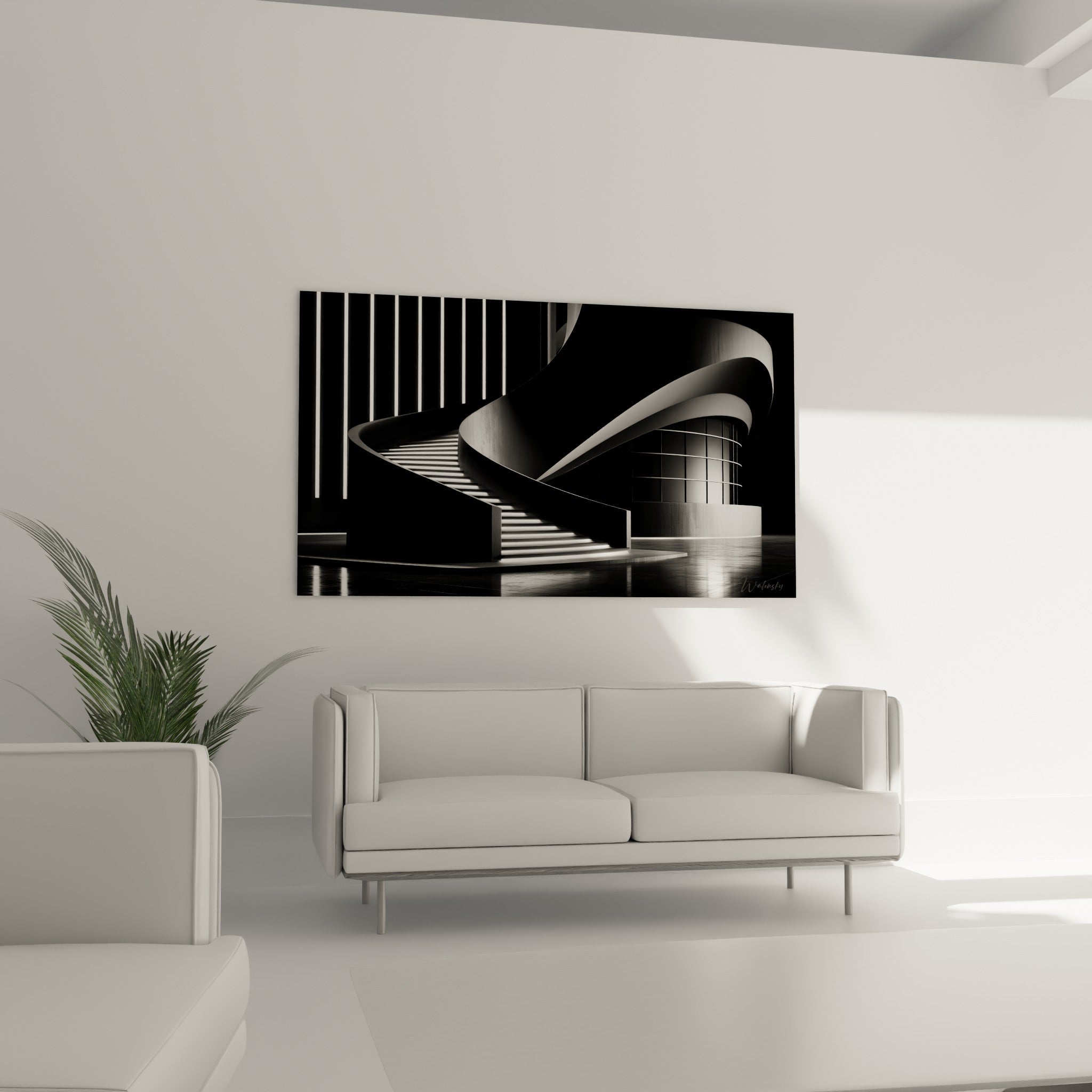Courbe sculpturale sombre traversée de lumière blanche au-dessus d'un canapé dans un salon lumineux