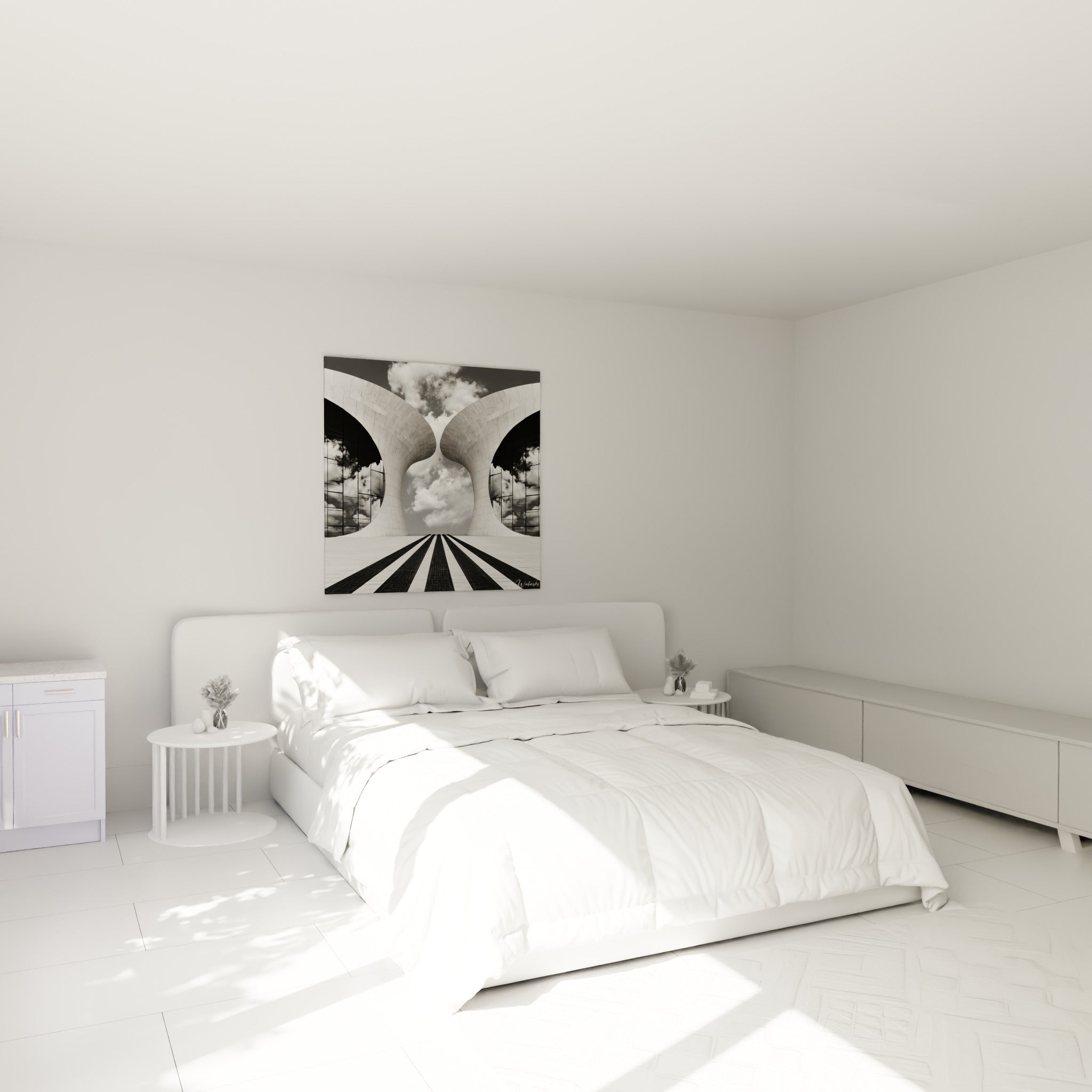 Structures courbées blanches et ciel gris nuageux, architecture abstraite au-dessus d'un lit dans une chambre claire