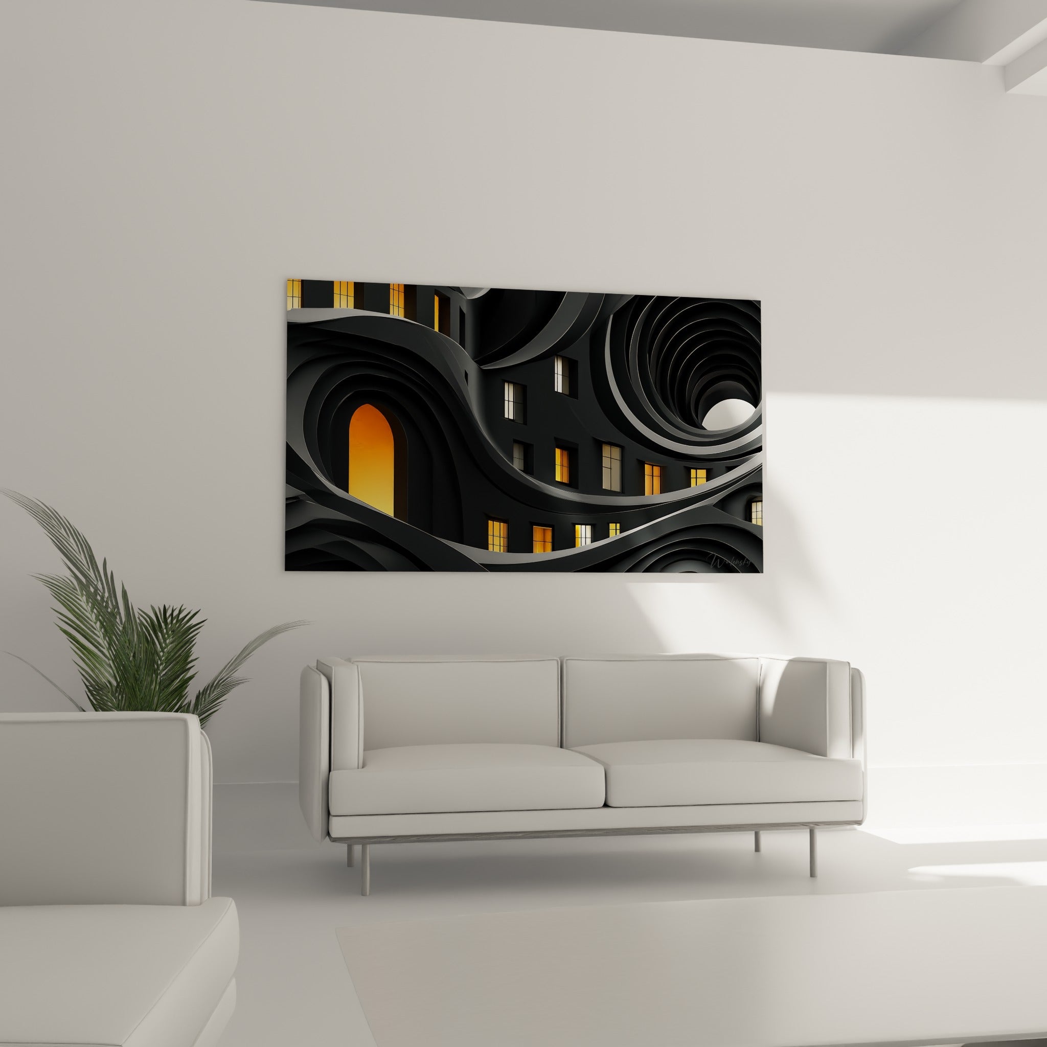 Courbes grises et lumières orangées de cette architecture abstraite, au-dessus d'un canapé dans un salon lumineux.