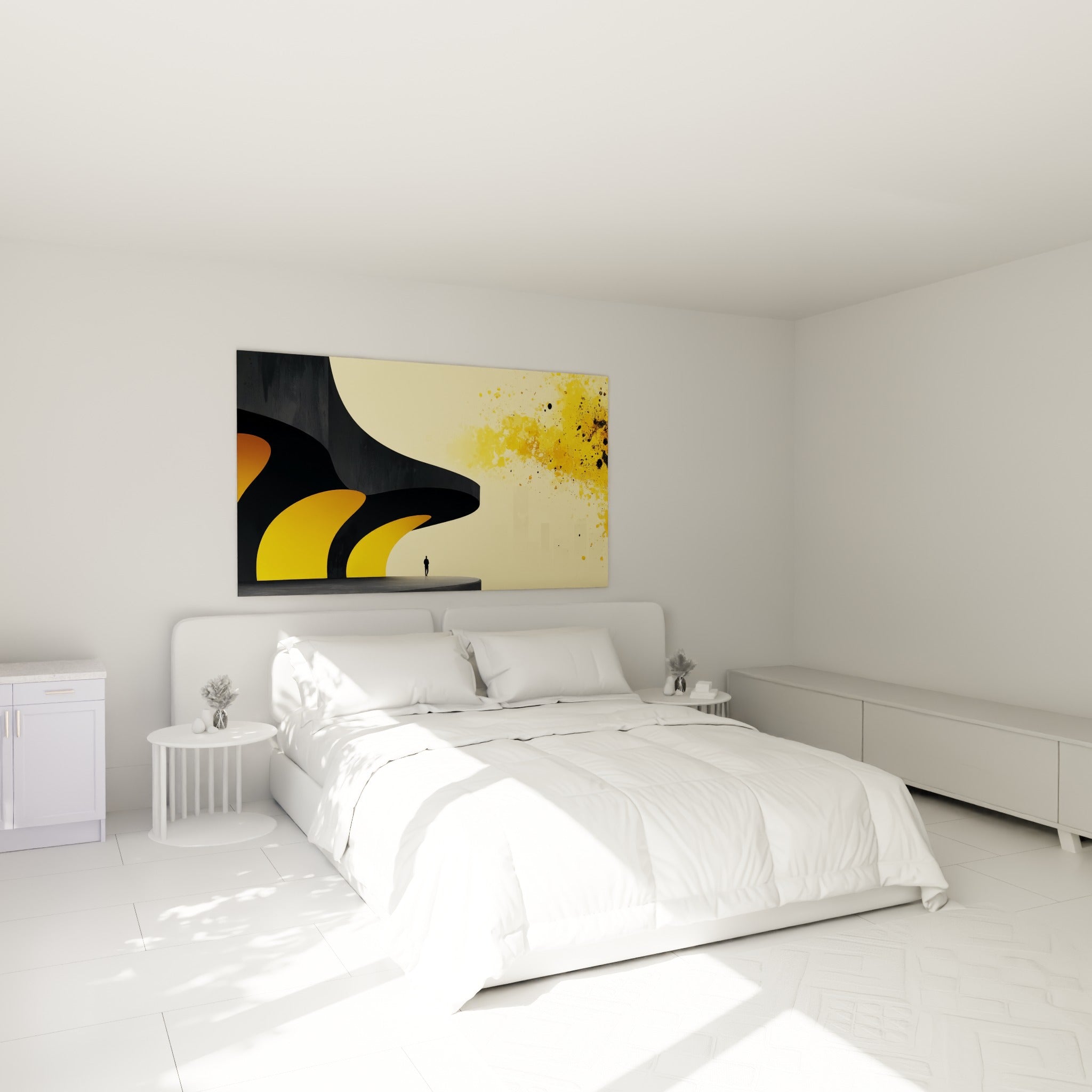 Structure architecturale noire aux vagues jaunes accrochée au-dessus d'un lit dans une chambre claire