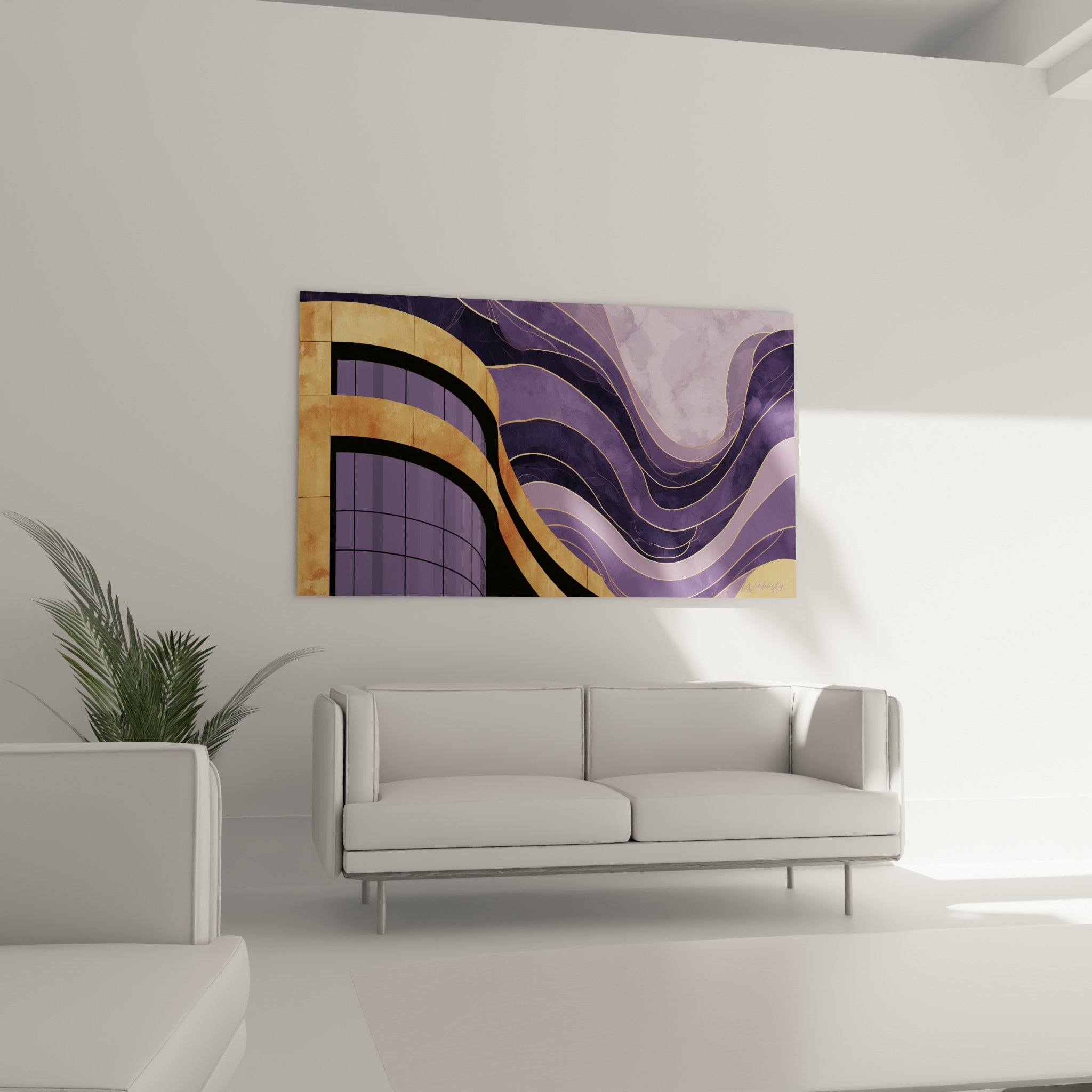 Courbes ocre et mauves d'une tour réinventée, tableau architecture abstraite au-dessus d'un canapé dans un salon lumineux