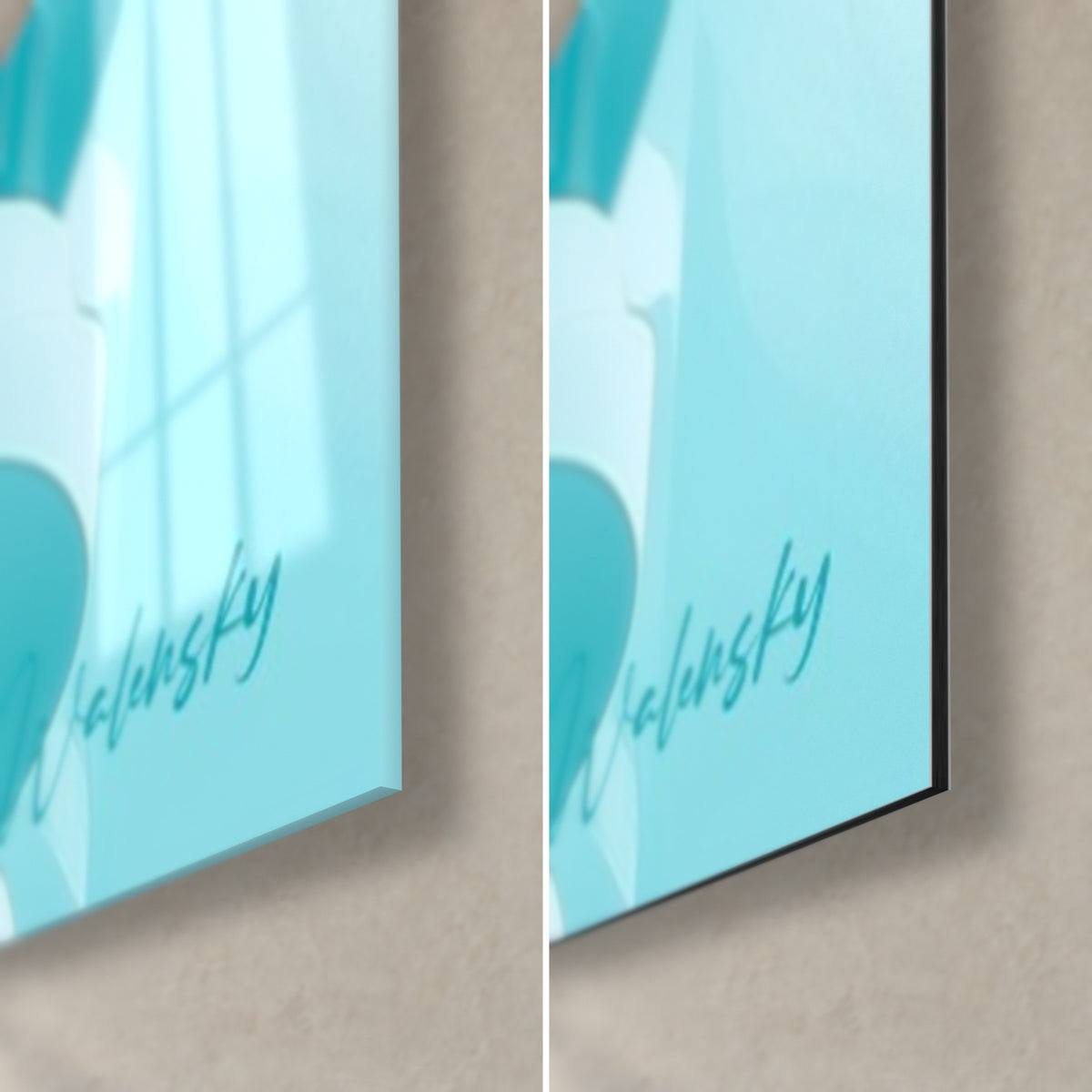 Tableau façade vitrée turquoise et blanche, coin bas droit : verre acrylique brillant à gauche, Dibond noir mat à droite