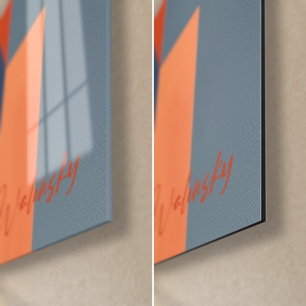 Tableau arches abstraites, coin bas droit : bleu gris et orange vif, signature rouge Walensky, verre brillant et Dibond mat
