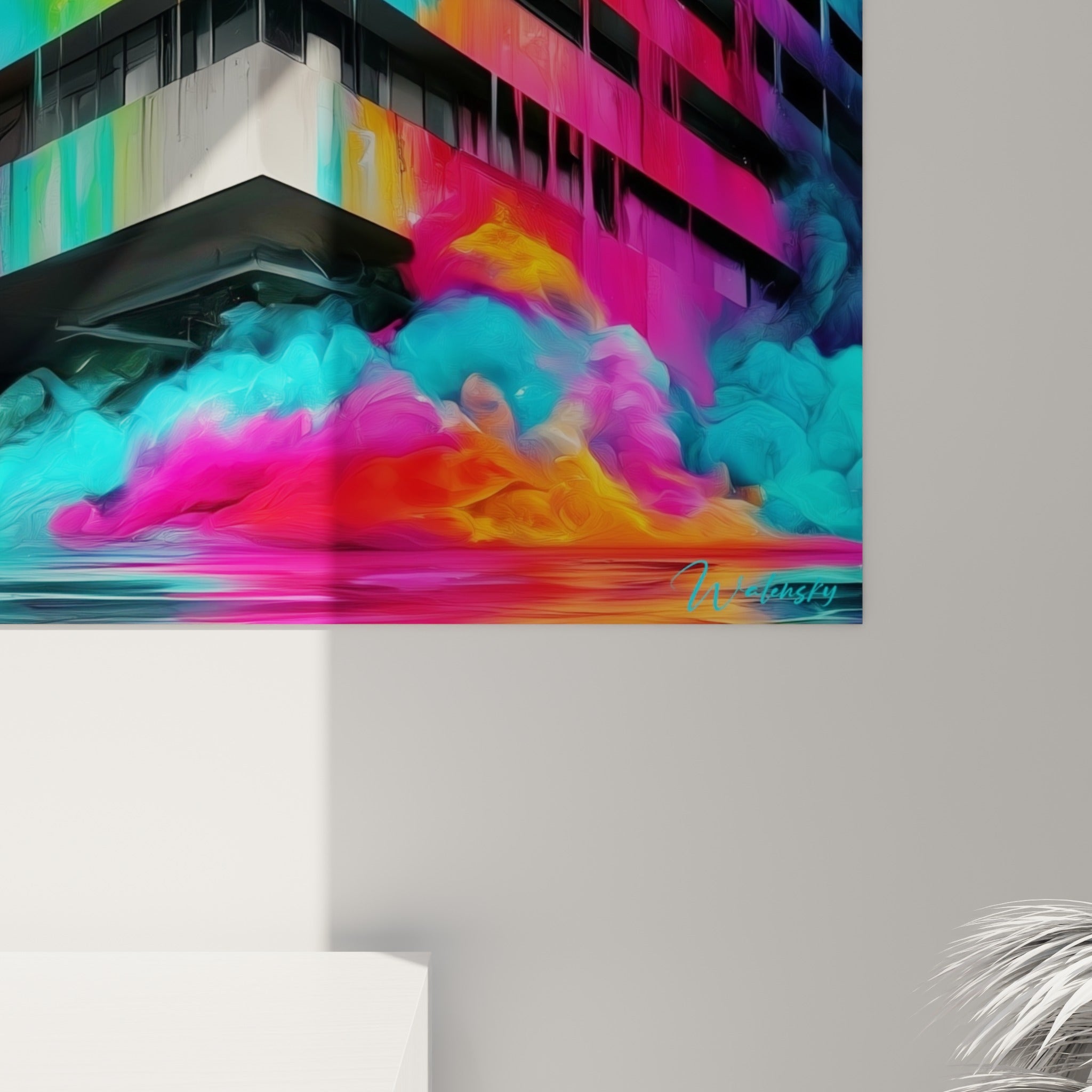 Coulures épaisses de magenta et turquoise se mêlant aux arêtes noires du bâtiment, grain pictural visible de près