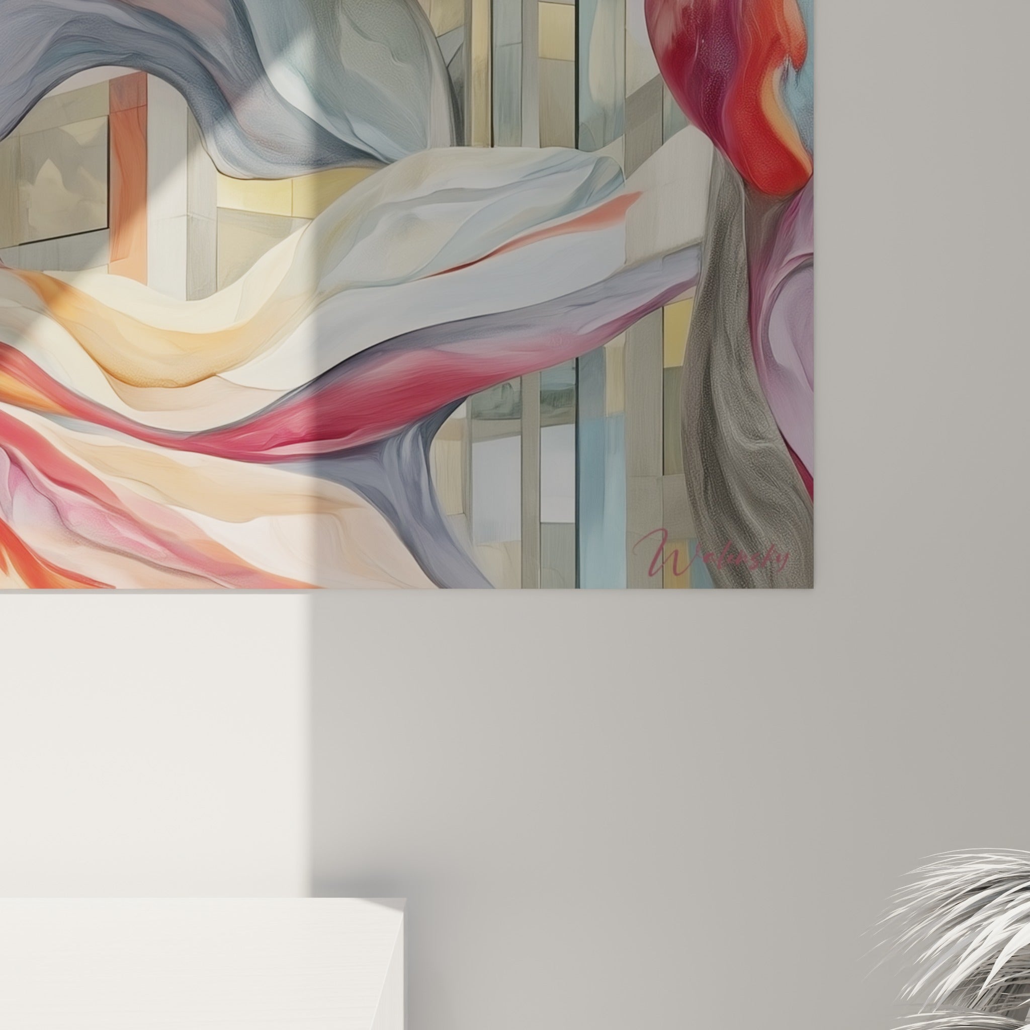 Empâtements et coulures orange, rouge et gris sur la toile, matière picturale visible de près sur ce tableau accroché