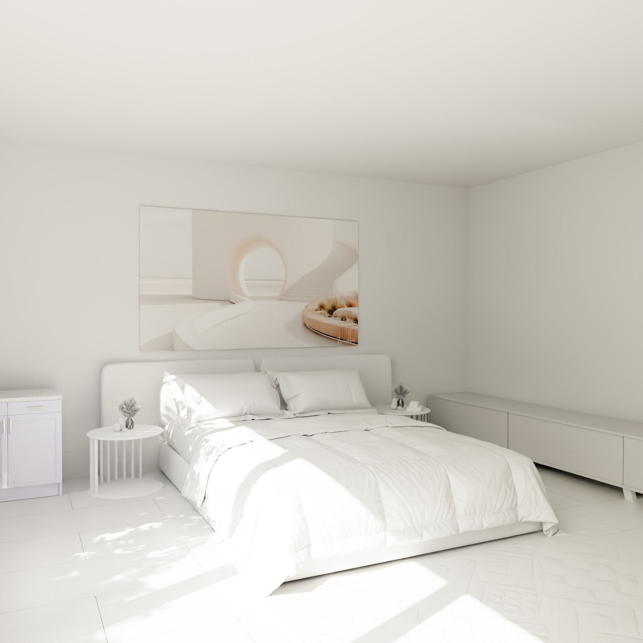 Structure architecturale blanche aux courbes sable au-dessus d'un lit dans une chambre claire