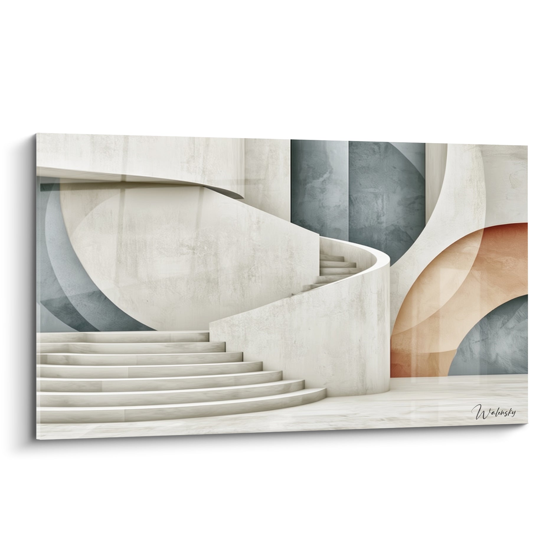 Escalier courbe beige sable et arcs bleu ardoise avec cercle terracotta, composition architecturale abstraite