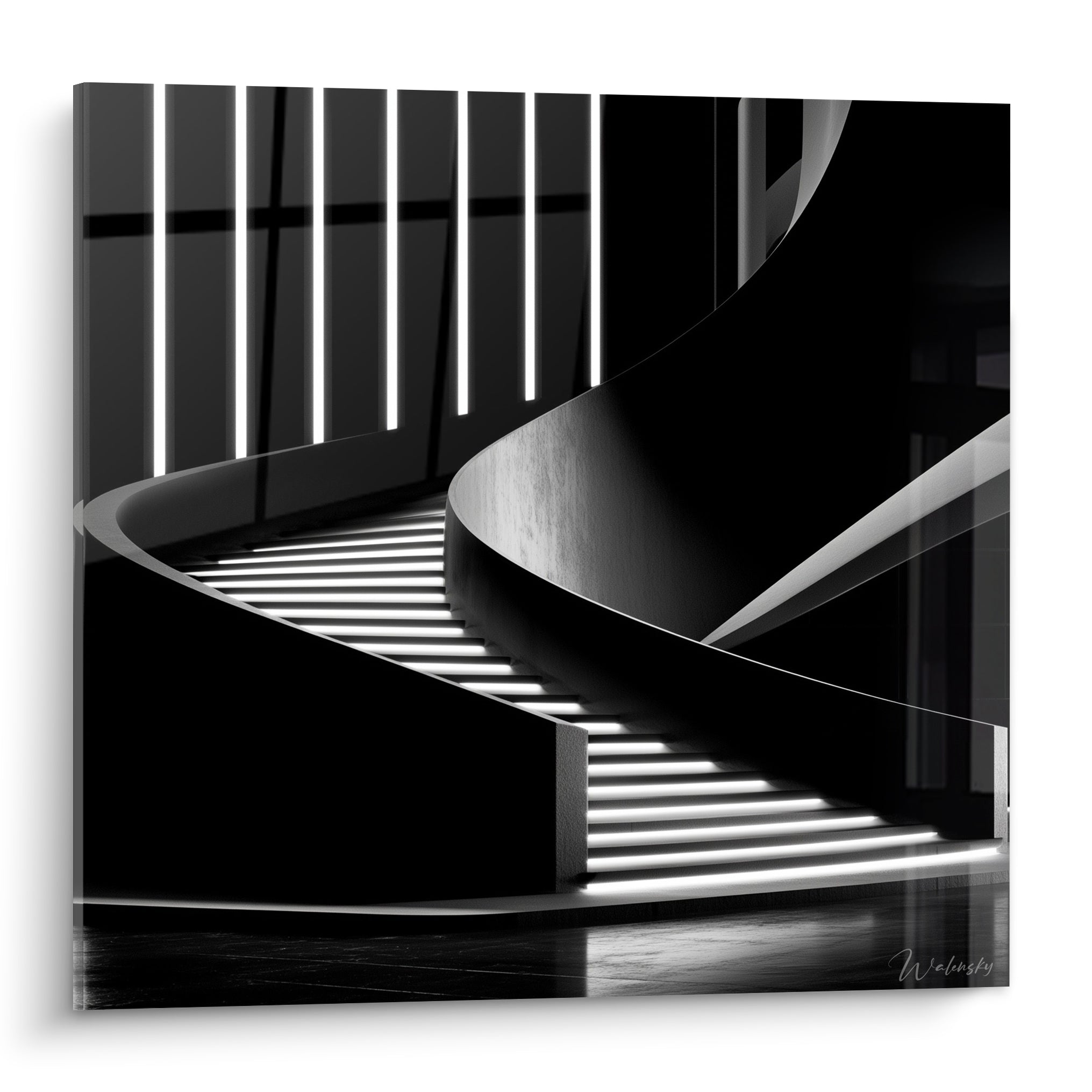 Escalier en spirale noir et blanc, courbes lumineuses et lignes verticales architecturales