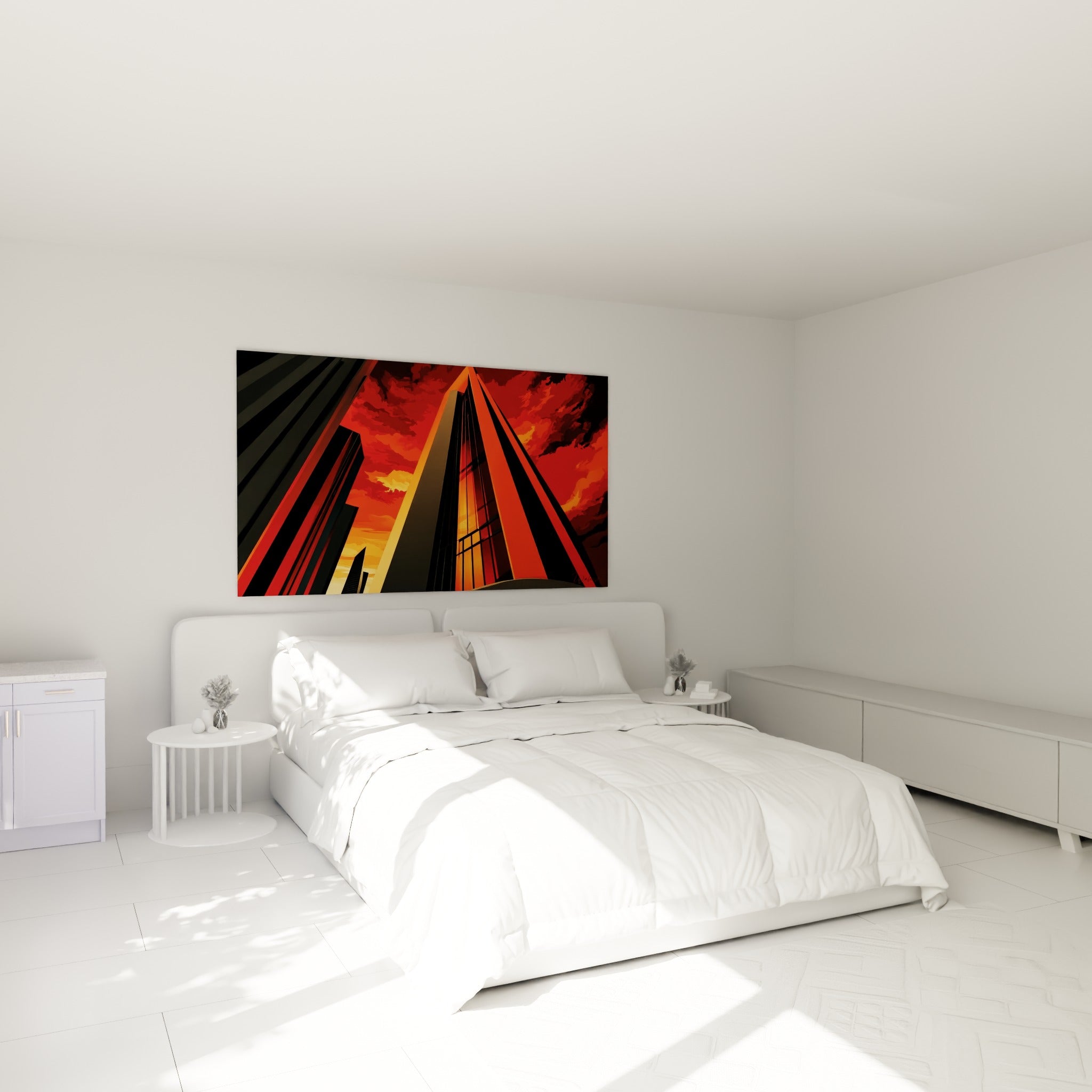 Structure urbaine rouge et noire de ce tableau architecture abstraite, au-dessus d'un lit dans une chambre claire