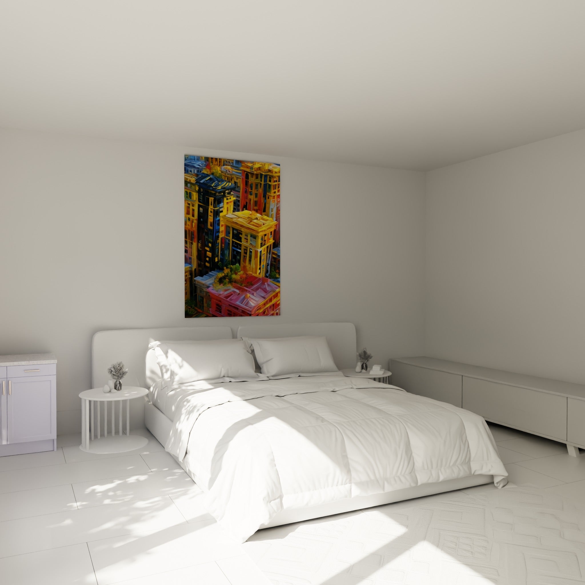 Architecture abstraite aux toitures jaune doré et rose accrochée au-dessus d'un lit dans une chambre claire