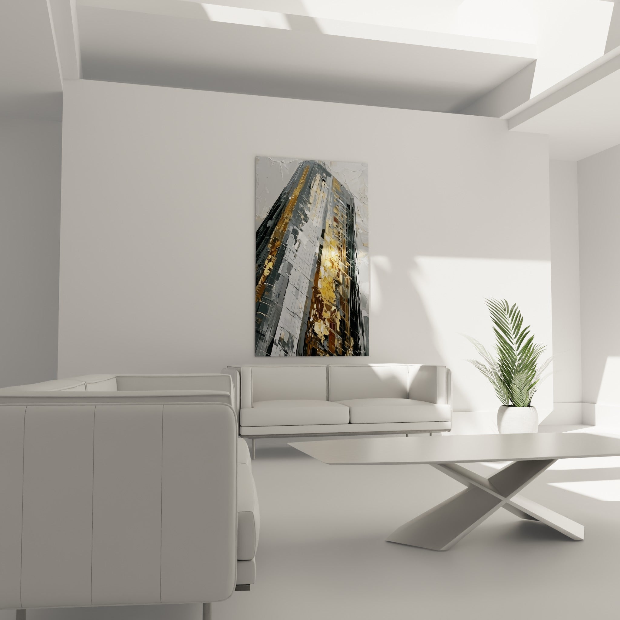 Façade de gratte-ciel anthracite et ocre en perspective ascendante, tableau architecture abstraite au-dessus d'un canapé dans un salon lumineux