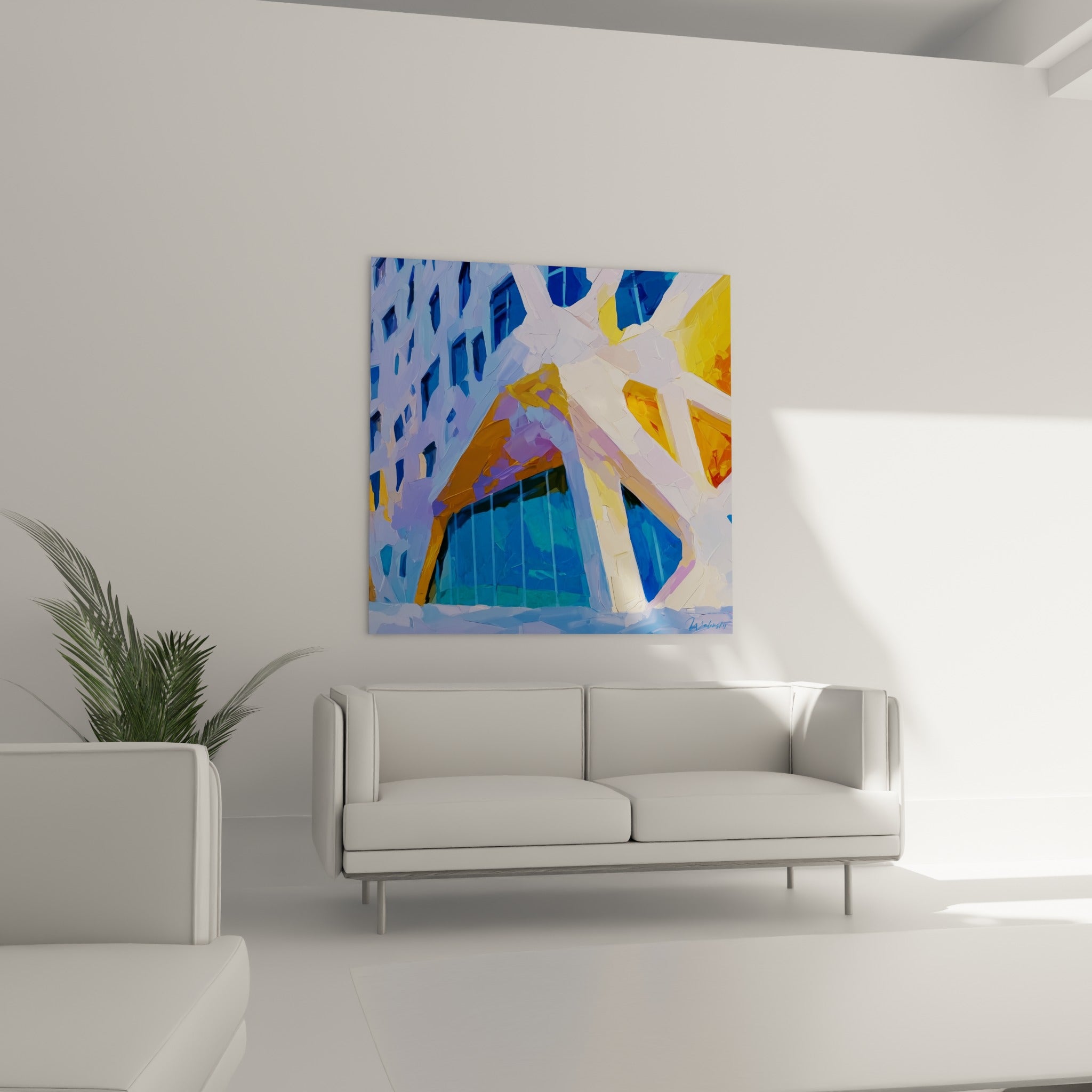 Bâtiment moderne aux teintes ocre et bleu marine au-dessus d'un canapé dans un salon lumineux