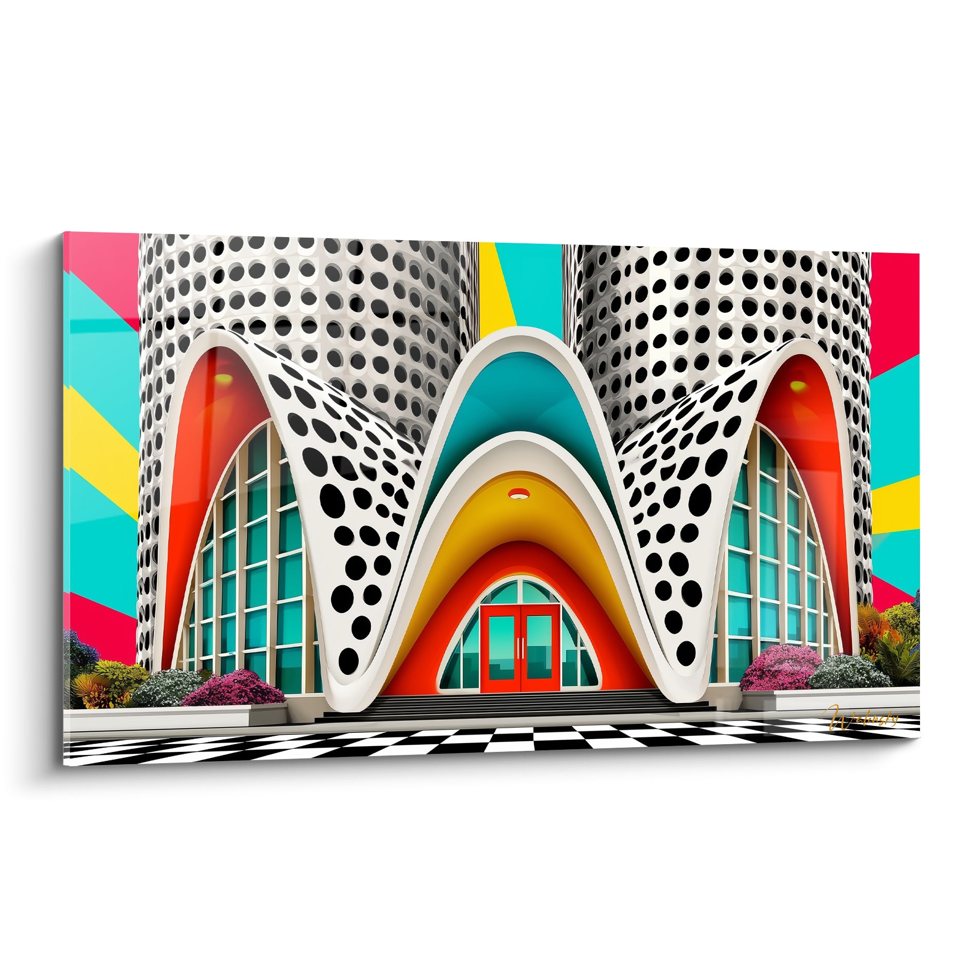 Façade blanche à pois noirs et arches corail, tableau architecture abstraite aux tours turquoise et jaunes.