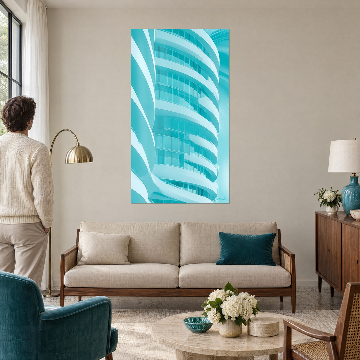 Tableau gratte-ciel aux balcons arrondis, turquoise et blanc glacé, accroché au-dessus d'un canapé dans un salon lumineux