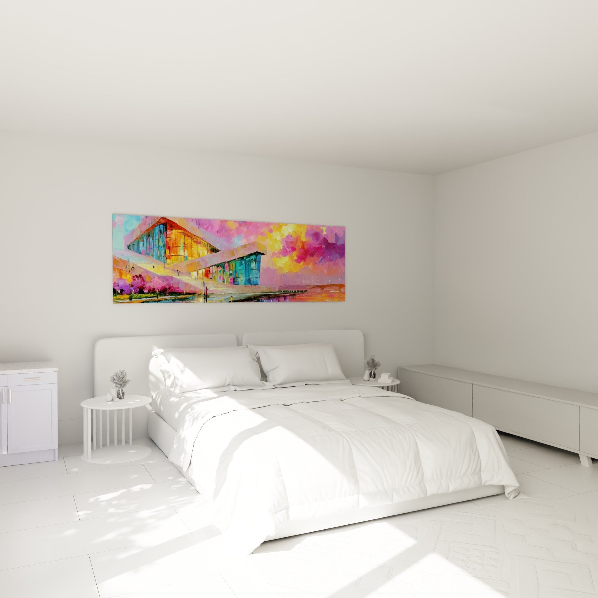 Édifice triangulaire rose et turquoise, coucher de soleil doré, au-dessus d'un lit dans une chambre claire