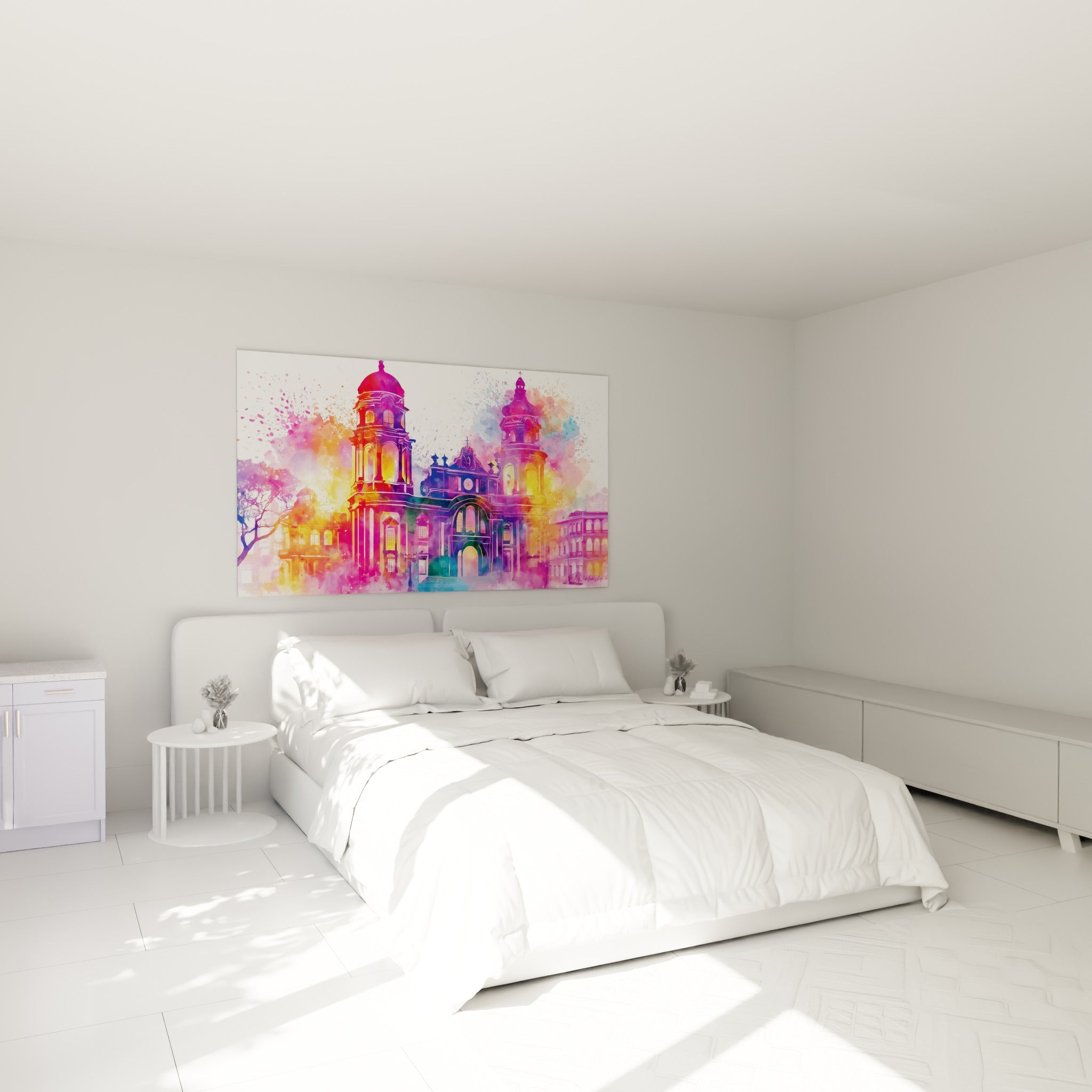 Façade religieuse rose et bleu pastel aquarelle, accrochée au-dessus d'un lit dans une chambre claire