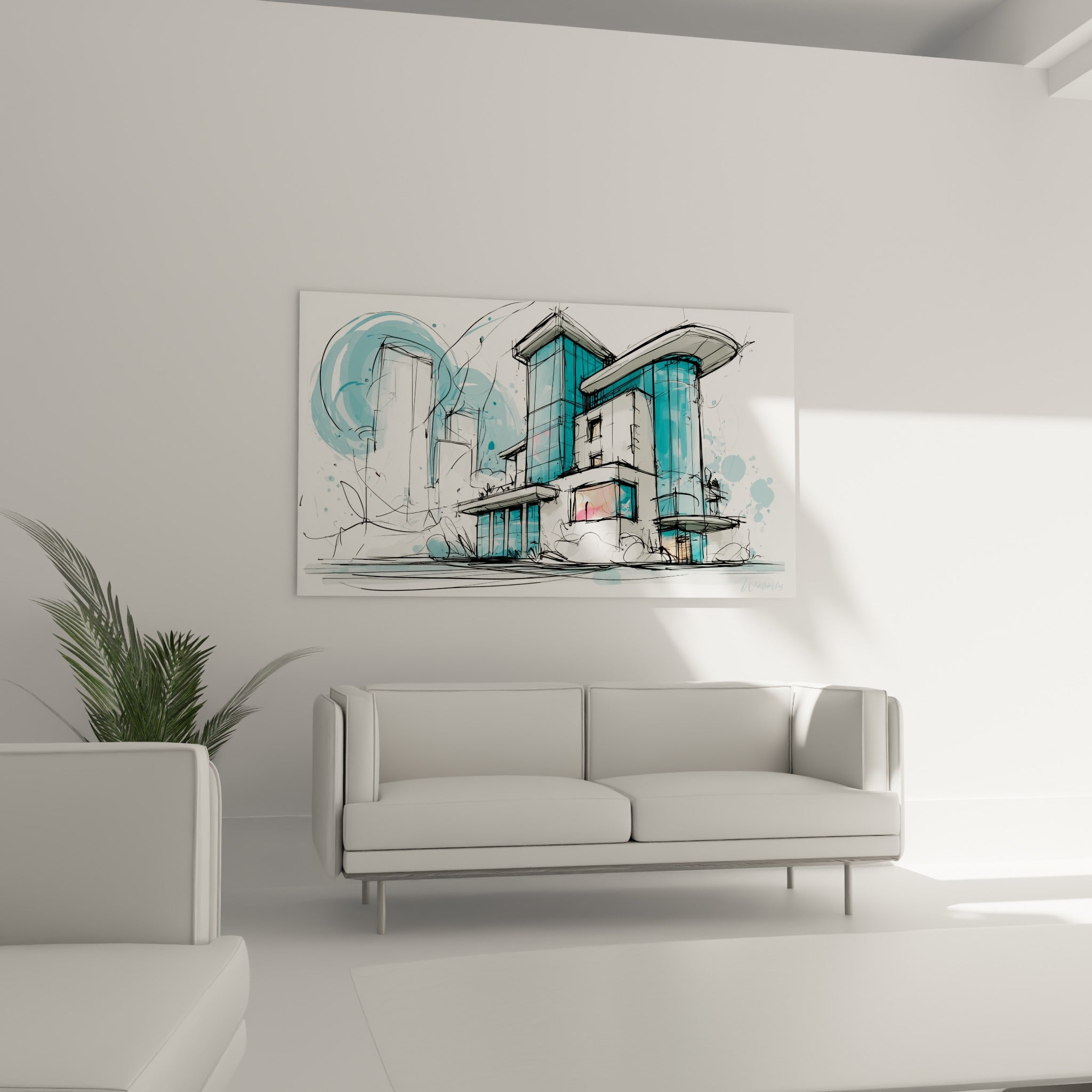 Tours vitrées bleu turquoise et blanches dessinées, suspendues au-dessus d'un canapé dans un salon lumineux