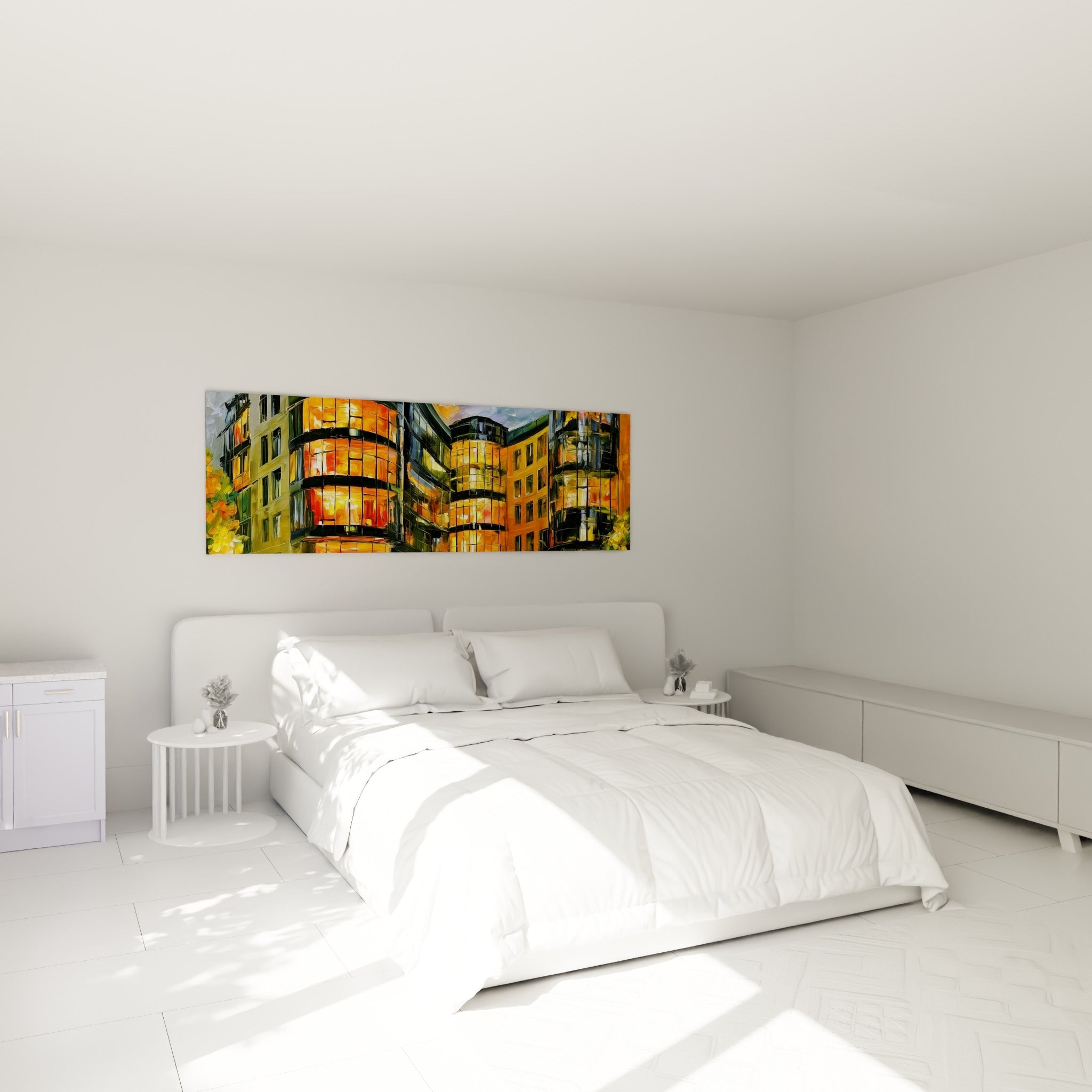 Façades urbaines dorées et anthracite de ce tableau architecture abstraite, au-dessus d'un lit dans une chambre claire