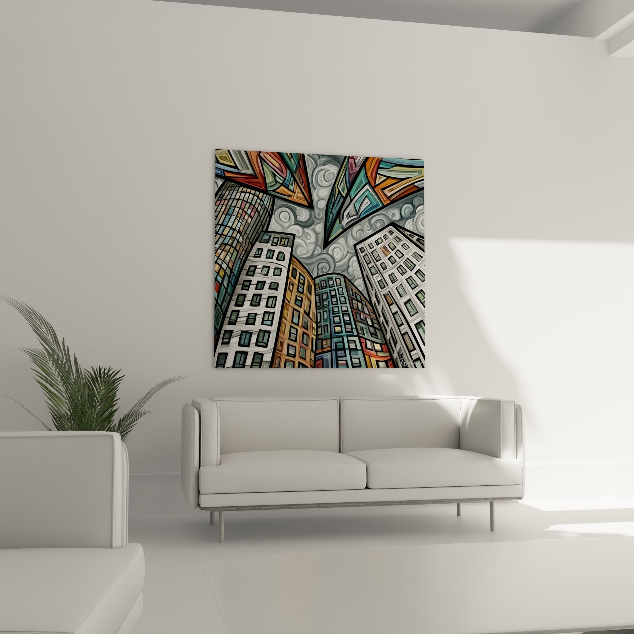 Façades géométriques ocre et anthracite fragmentées de fenêtres sombres, tableau architecture abstrait au-dessus d'un canapé dans un salon lumineux