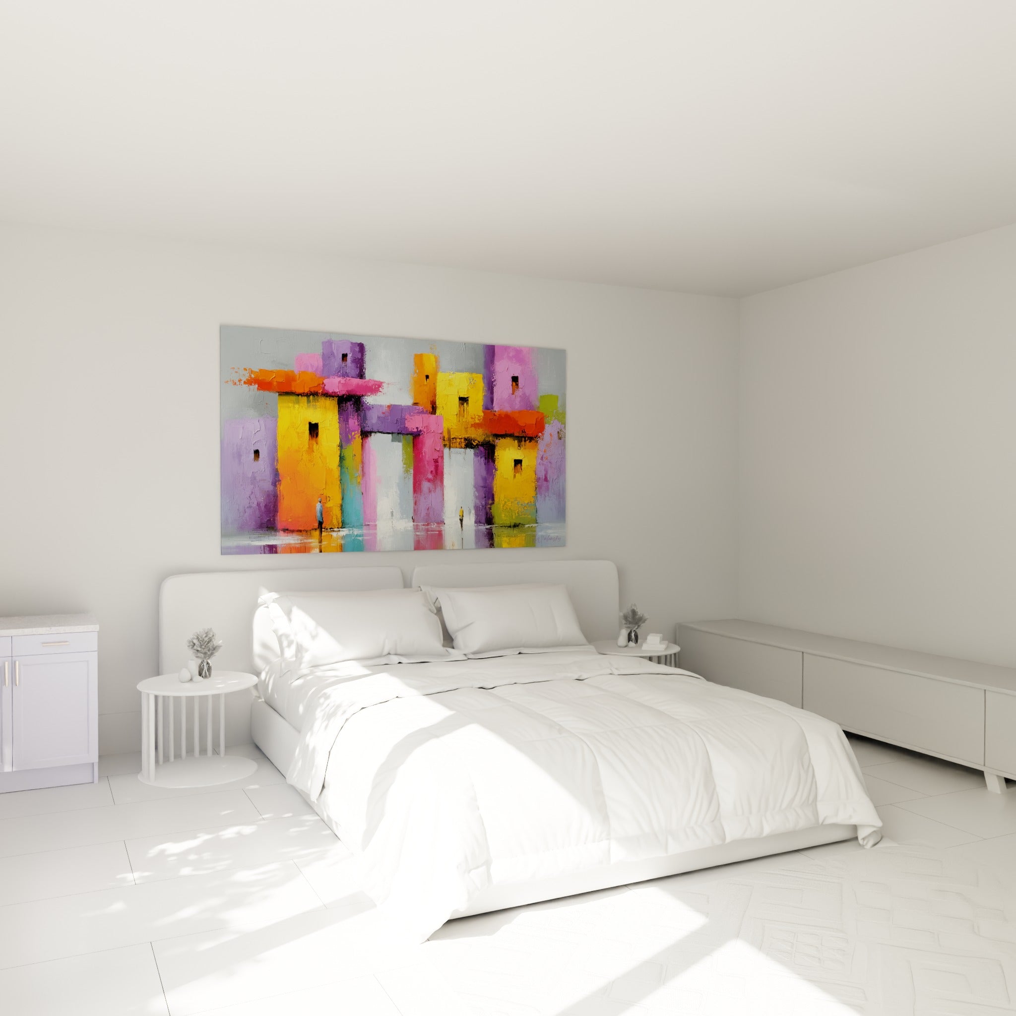 Immeubles colorés jaune et magenta peints en relief, au-dessus d'un lit dans une chambre claire