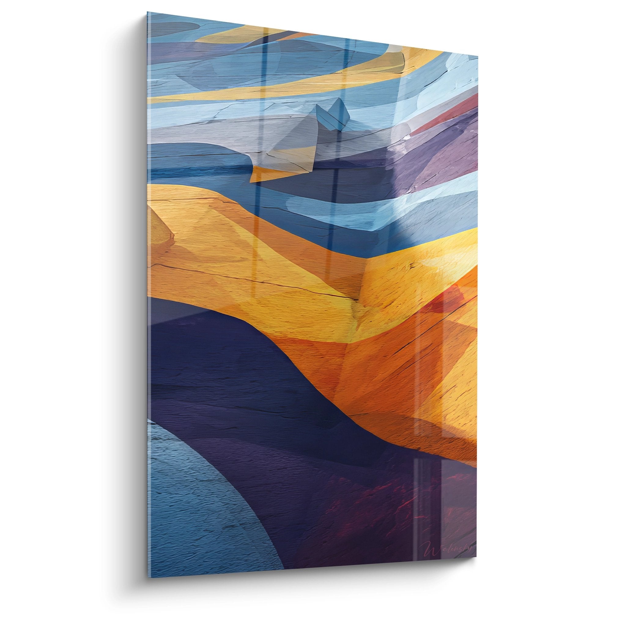 Tableau mural architecture abstraite aux formes géométriques colorées bleu et orange pour décoration contemporaine