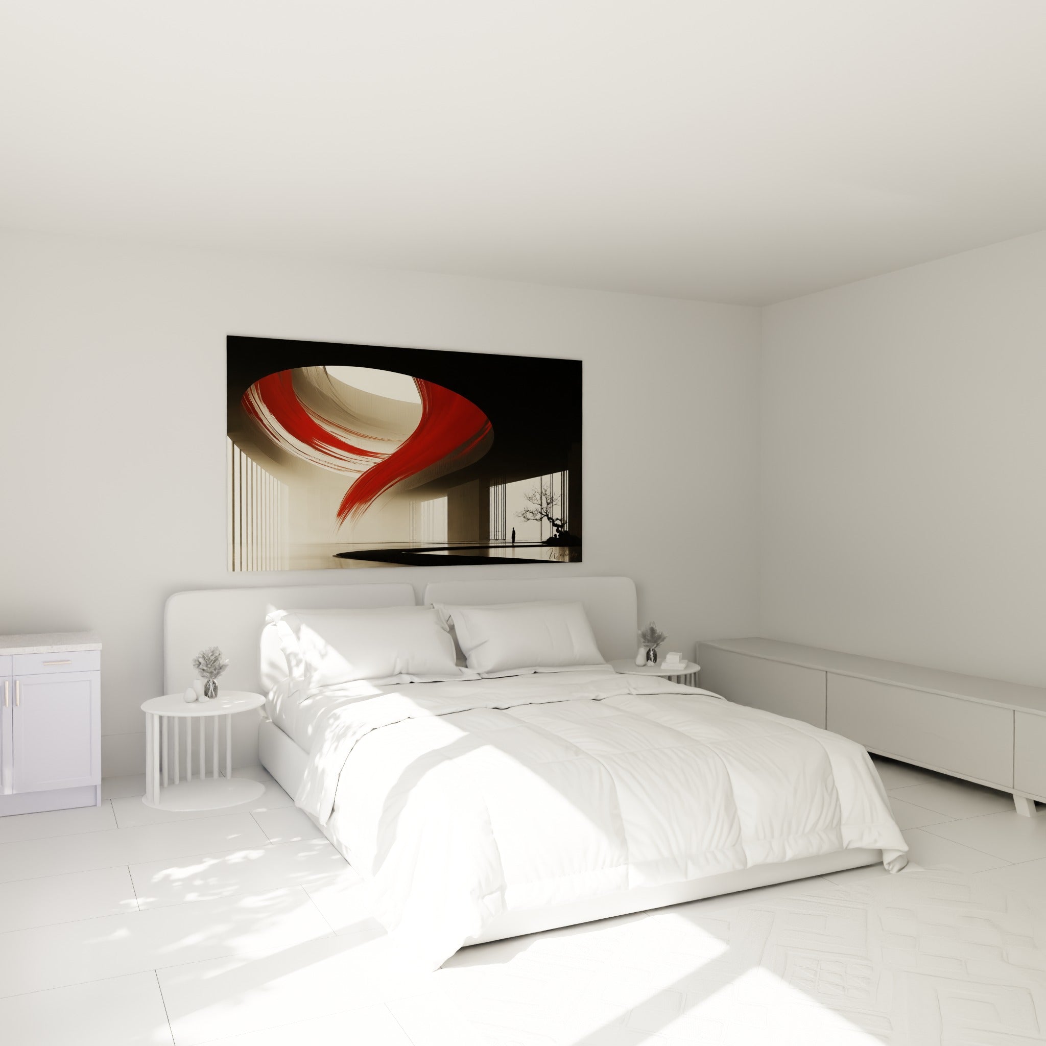 Geste rouge ample sur fond ivoire architectural, accroché au-dessus d'un lit dans une chambre claire