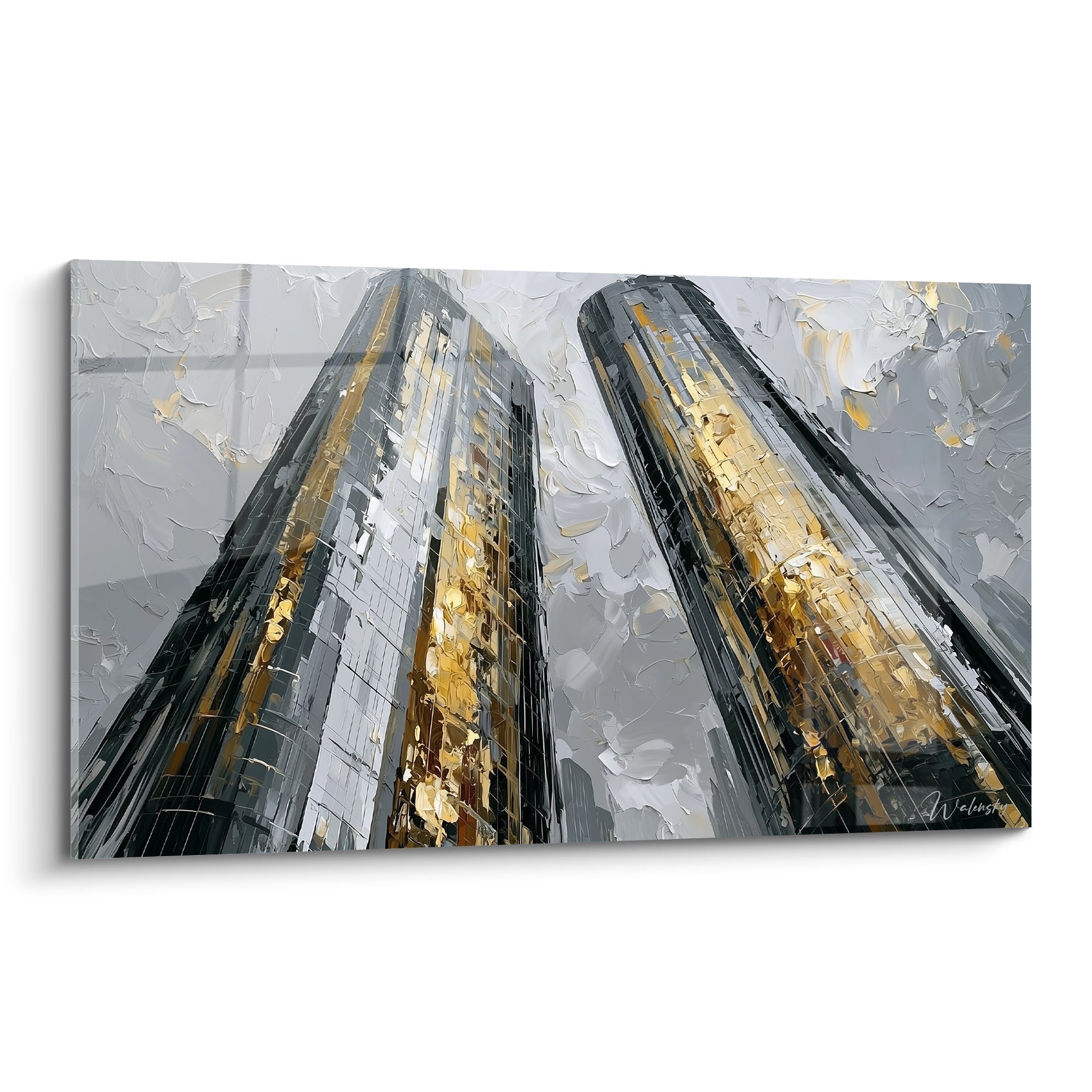 Deux gratte-ciels gris anthracite et dorés en contre-plongée, texture peinte au couteau