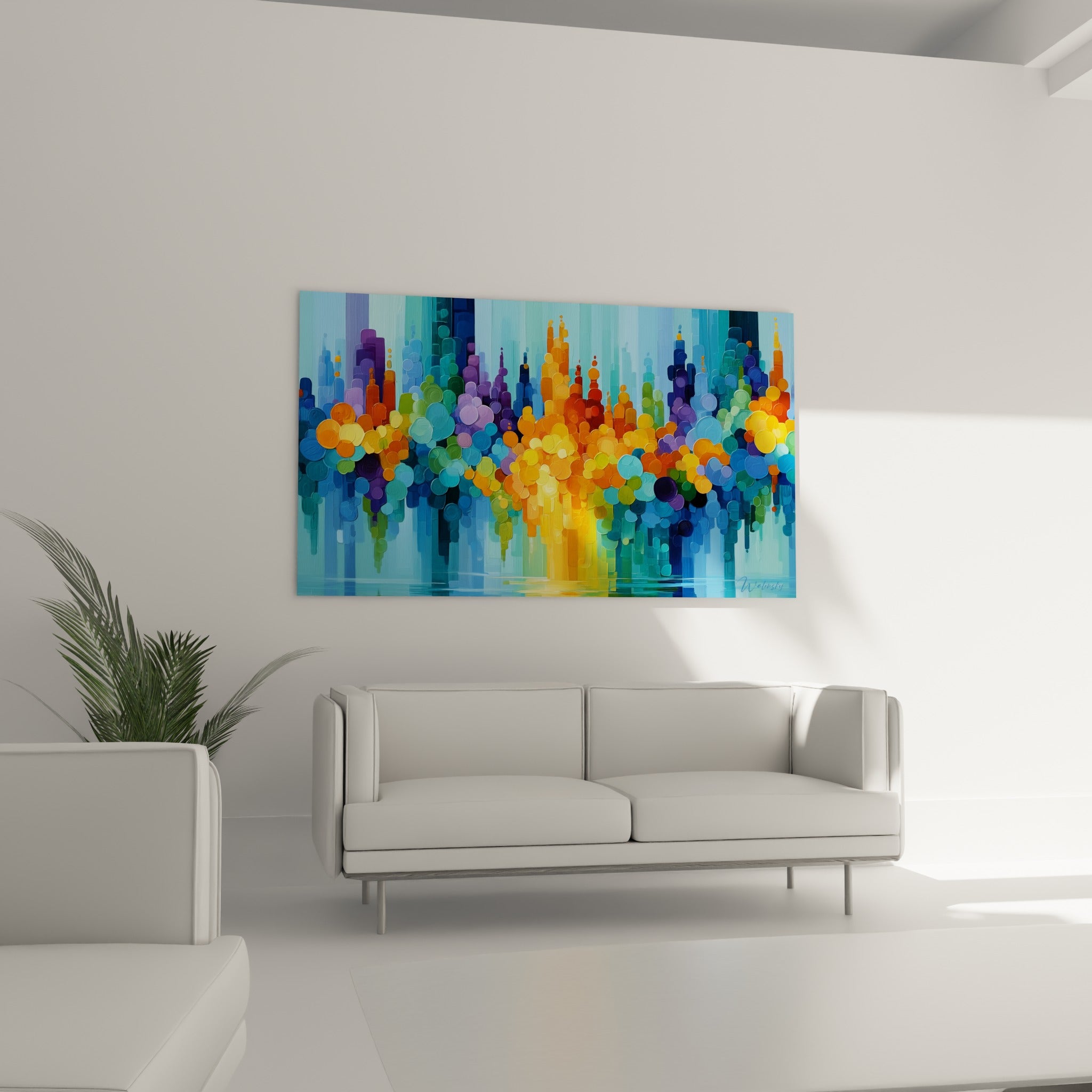 Gratte-ciels imaginaires en pastilles indigo et jaune doré, disposés au-dessus d'un canapé dans un salon lumineux