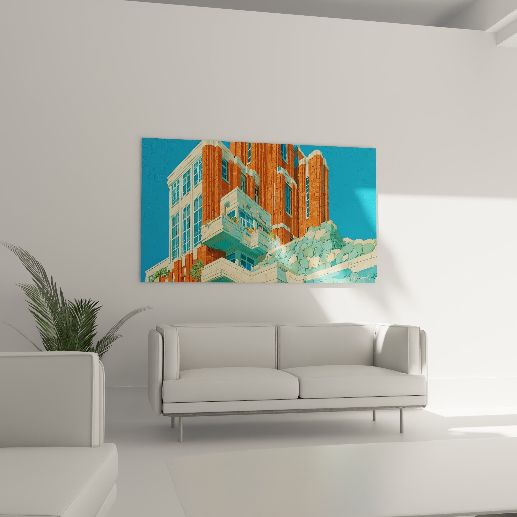 Immeuble brique orangée sur fond azur accroché au-dessus d'un canapé dans un salon lumineux